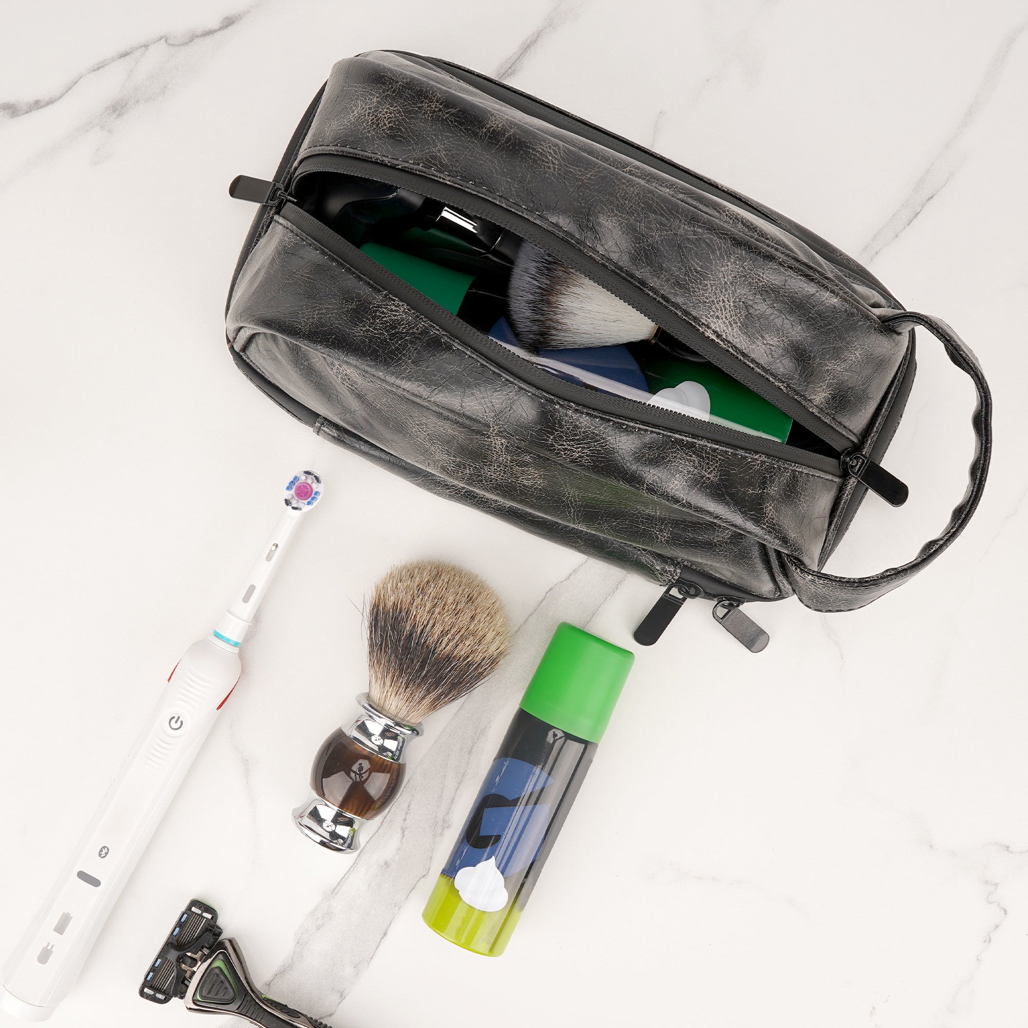 Linkidea Men's Toiletry Travel Bag, Water-Resistant PU Grooming Shaving Organizer for Business Trip with Wet Pocket, Travel Accessories Toiletry Bag (Black)