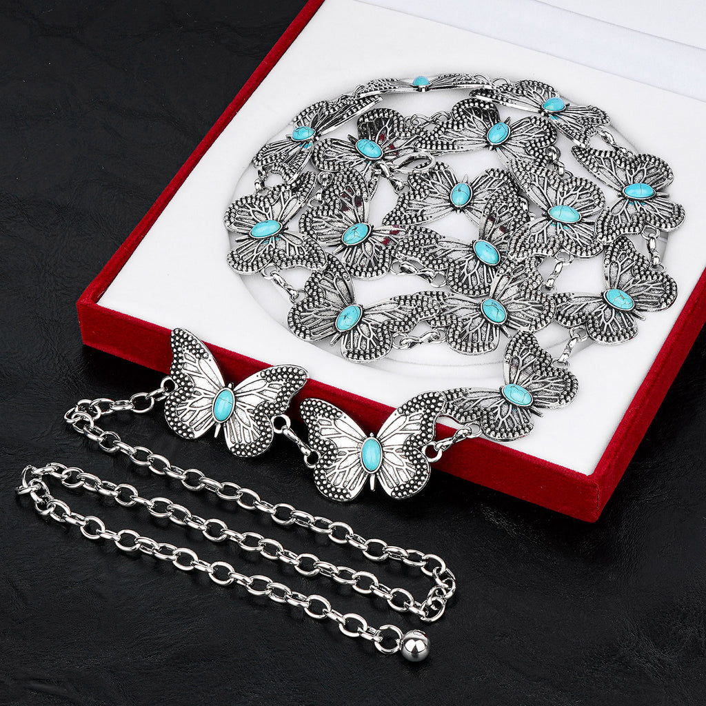 Plus Size Chain Belt for Women, Turquoise Stone Silver Metal Chain Belt Women Belly Waist Chains, Extra Long Body Chain, 59 Inch Adjustable Chunky Belt Chain (Butterfly Style)