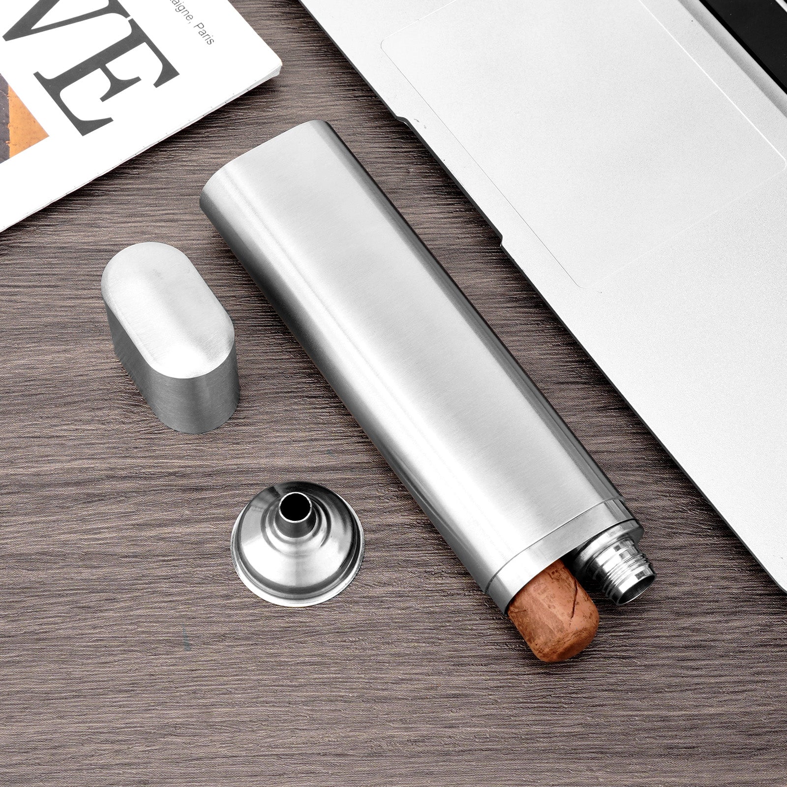 Linkidea 2 Oz Hip Flask Cigar Holder with Funnel, Single Tube Stainless Steel Cigar Tube, Alcohol Container Carrying Storage Case for Travel (Silver)