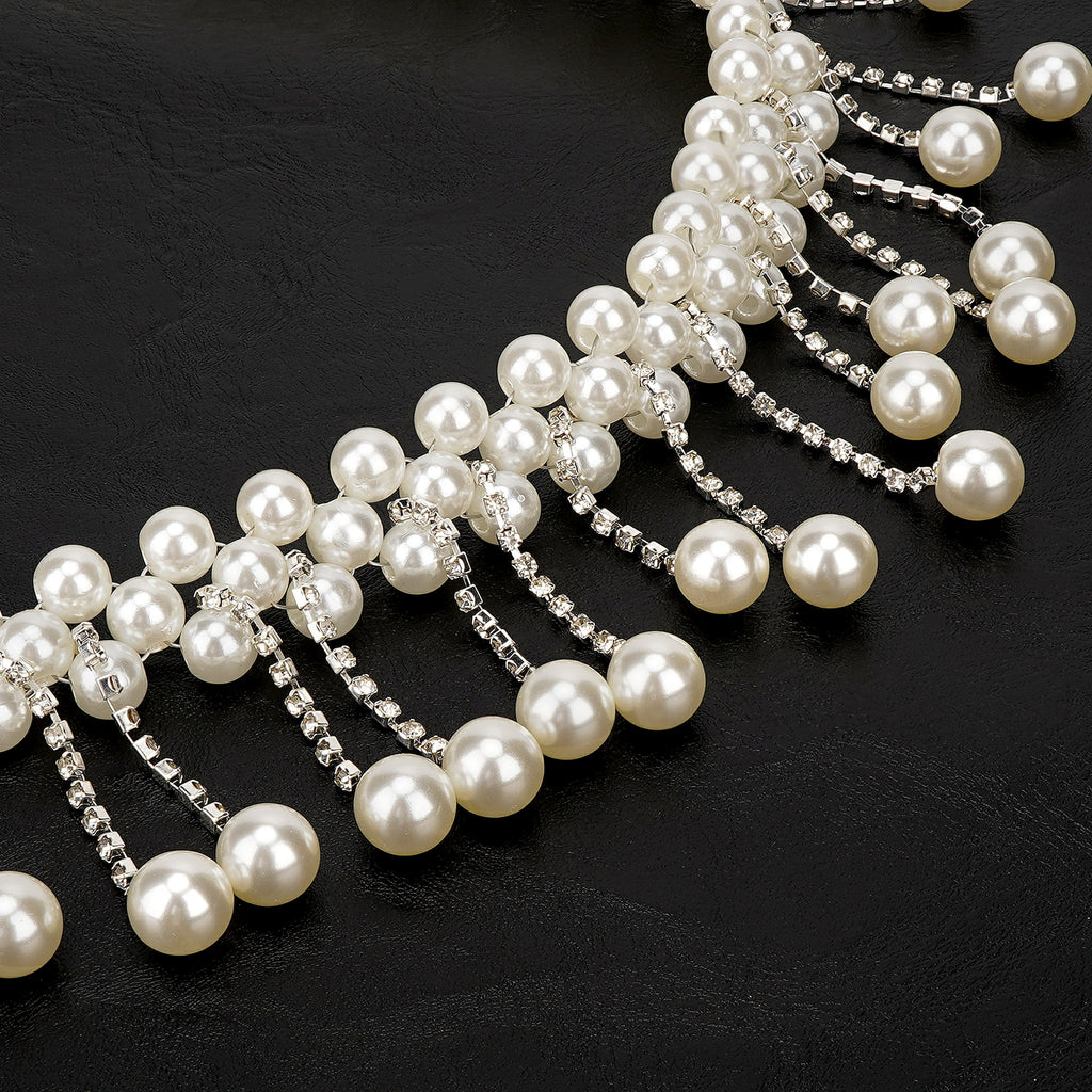 Plus Size Chain Belt for Women, Silver and White Faux Pearl Waist Belt, 49 Inch Adjustable Extra Long Body Decorate for Dresses, Party, Casual Wear, Fashion Jewelry Accessory
