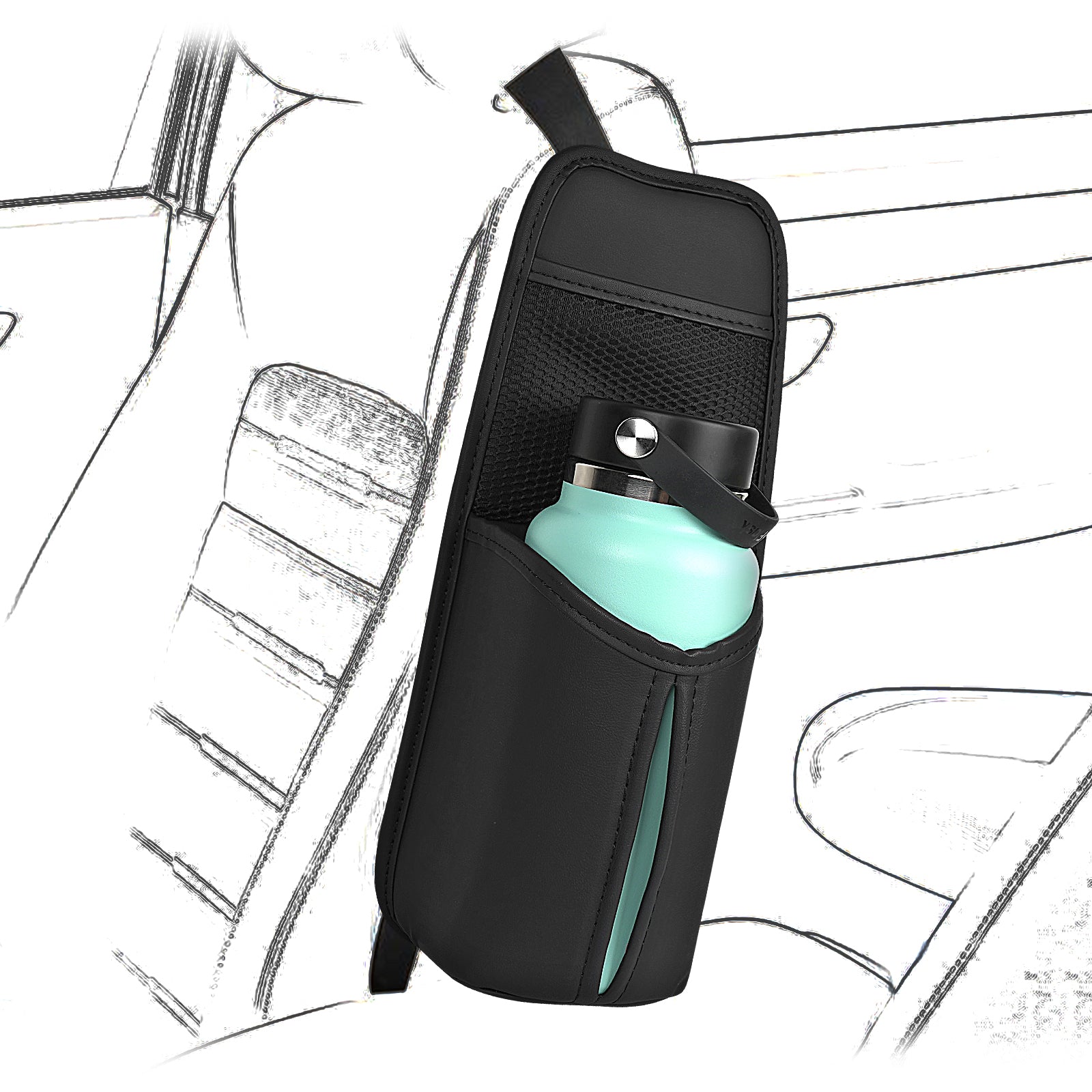 Linkidea Car Seat Side Water Bottle Organizer Compatible with YETI Rambler Bottle 26oz/36oz, Owala FreeSip 32oz/40oz, Vehicle Seat Side Storage Hanging Bag Holder for Large Bottles, Black