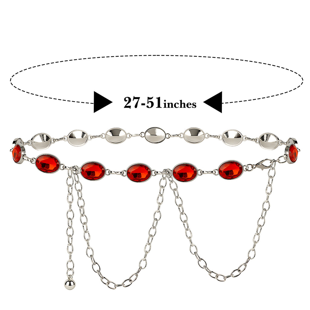 Plus Size Chain Belt for Women, Red Faux Jewel Waist Belt, 51 Inch Adjustable Extra Long Chunky Body Chain for Dresses, Party, Casual Wear, Fashion Jewelry Accessory
