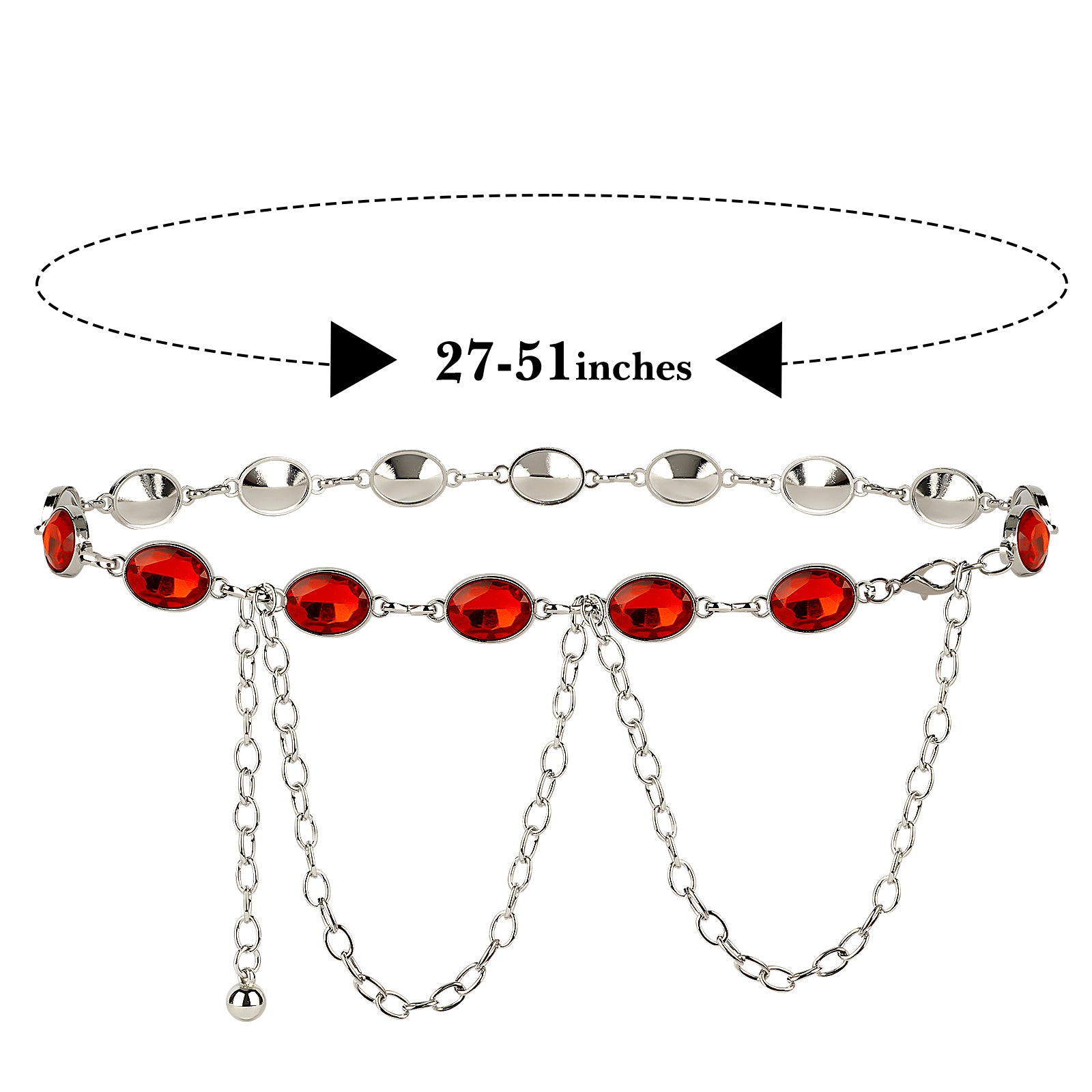 Plus Size Chain Belt for Women, Red Faux Jewel Waist Belt, 51 Inch Adjustable Extra Long Chunky Body Chain for Dresses, Party, Casual Wear, Fashion Jewelry Accessory