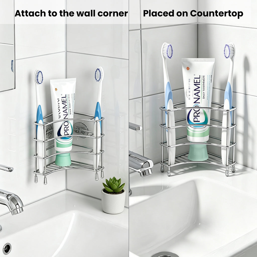 Linkidea Corner Wall Mount Toothbrush Holder for Bathroom, Stainless Steel Triangle Shelf for Tile Walls, Self Adhesive Electric Brush Toothpaste Organizer (Silver)