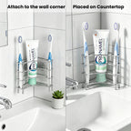 Linkidea Corner Wall Mount Toothbrush Holder for Bathroom, Stainless Steel Triangle Shelf for Tile Walls, Self Adhesive Electric Brush Toothpaste Organizer (Silver)