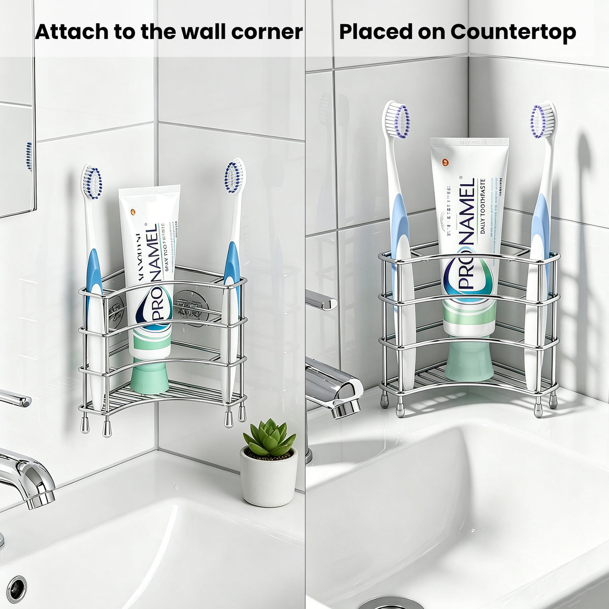 Linkidea Corner Wall Mount Toothbrush Holder for Bathroom, Stainless Steel Triangle Shelf for Tile Walls, Self Adhesive Electric Brush Toothpaste Organizer (Silver)