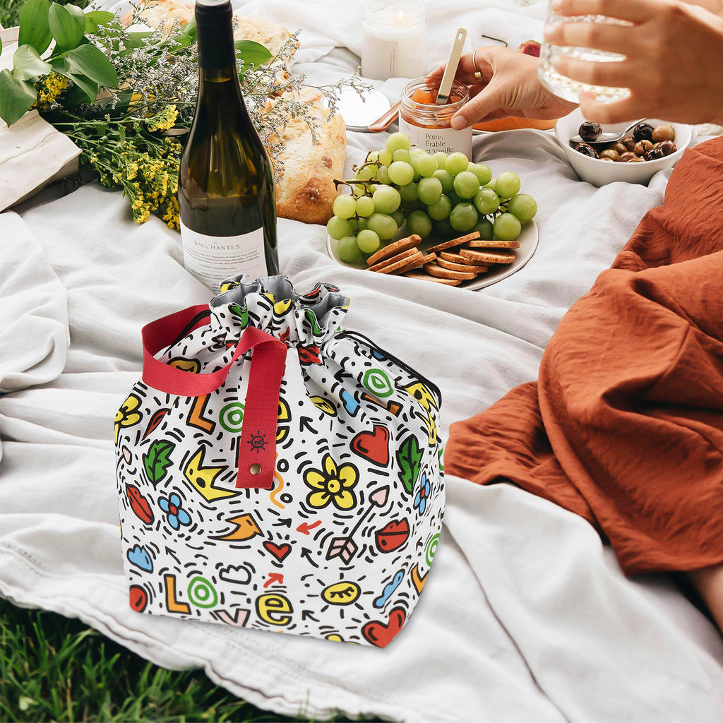 Linkidea Cute Lunch Bag, Drawstring Lunch Bag with Handle, Women Lunch Bags for Work Picnics Ourdoor Travel, Compatible with Bentogo, LunchBots, EasyLunchboxes (White)