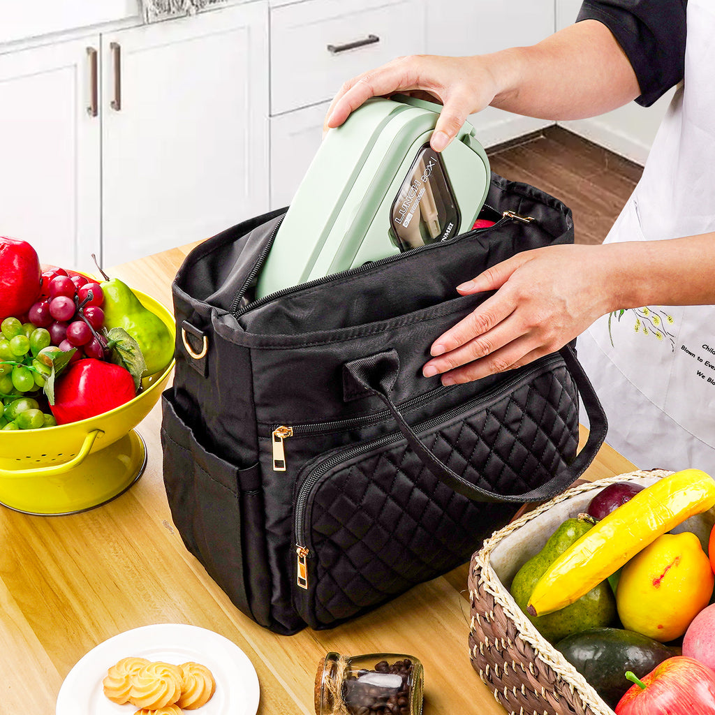 Linkidea Large Capacity Insulated Lunch Bag, Fashionable Lunch Tote Bag for Women, Leak Proof Insulated Lunch Box Bag with Hand Strap Compatible with Bentoheaven, Iteryn, Lovina (Black)
