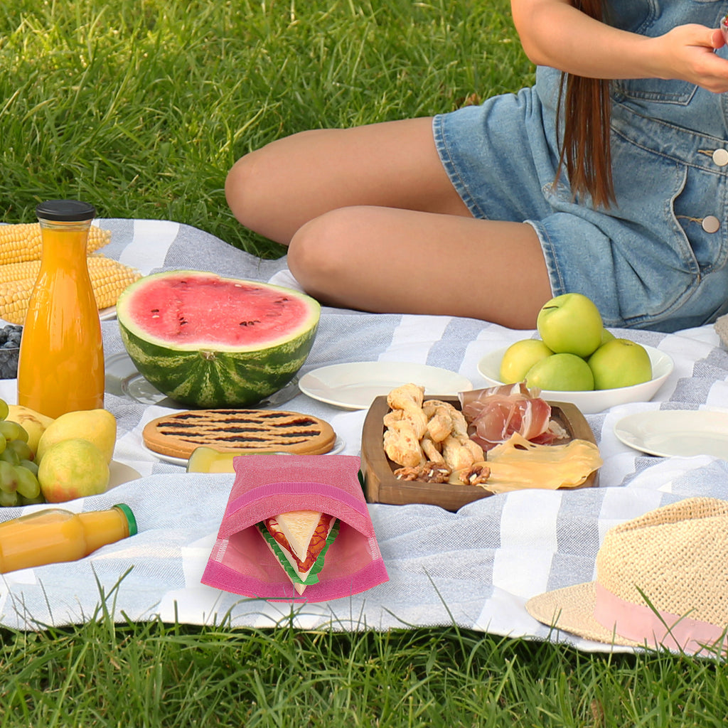 Linkidea 2 Pcs Portable Snack Bag, Washable Eco-friendly BPA Free Reusable Food Holder, 7-inch Hook and Loop Leak-Proof Compact Food Pouch Fits Sandwich, Sugar, Nuts (Red, Green)