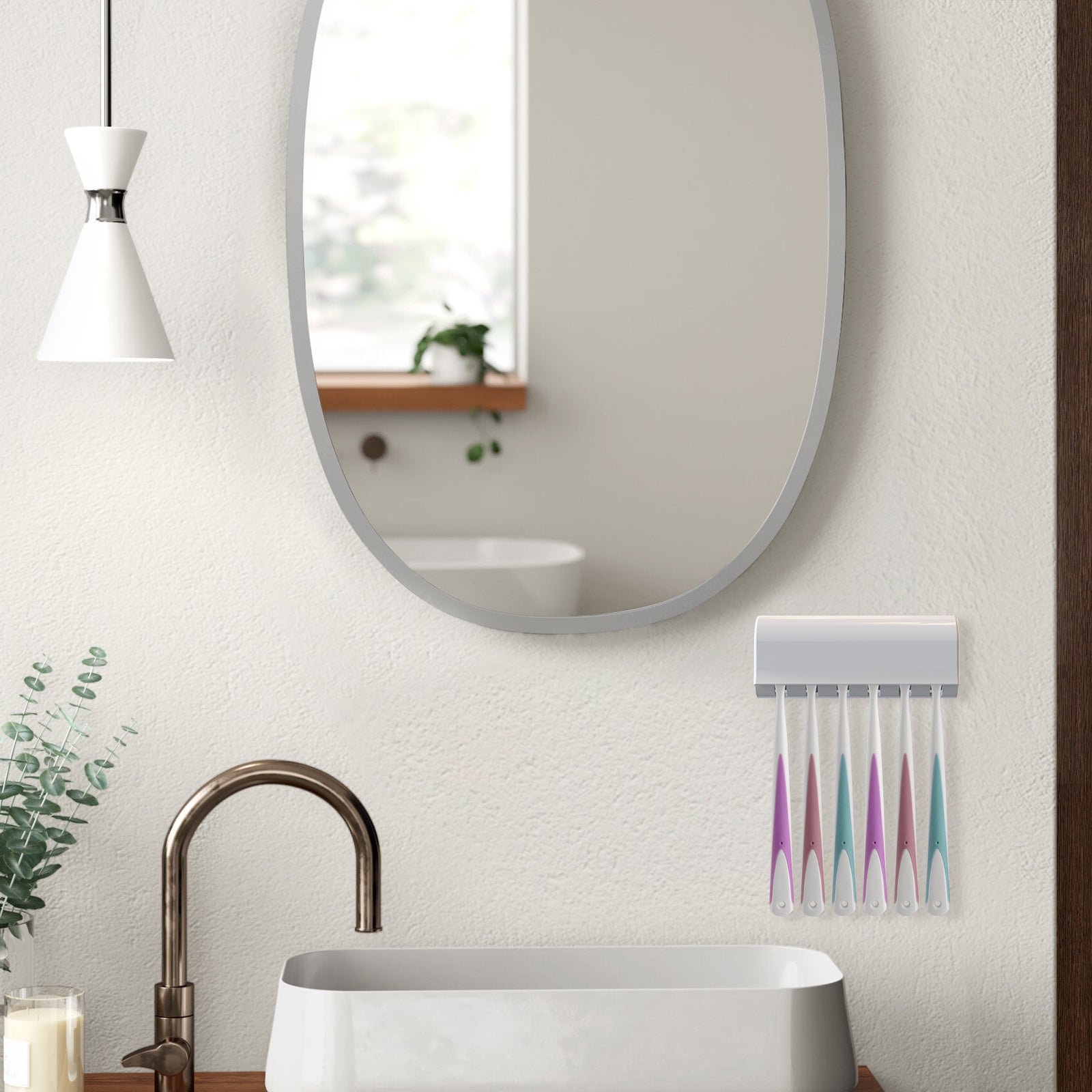 Linkidea Wallmount Toothbrush Holder with Cover for Shower, RV Cabinet Organizer, Plastic Self Adhesive 6 Slots Tooth Brush Hanger Compatible with Oral-B CrossAction, Colgate Extra Clean