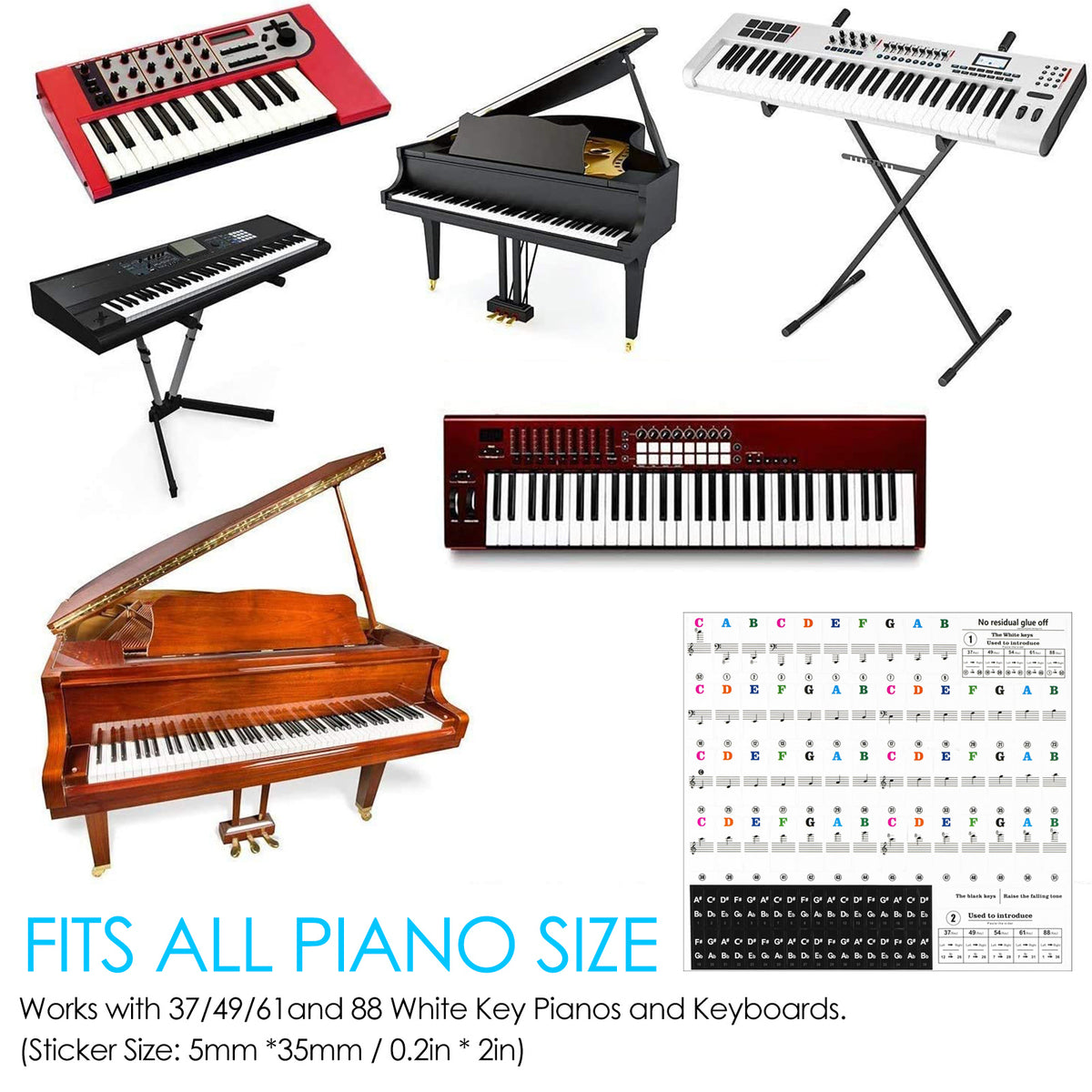 Linkidea Piano Keyboard Note Stickers (Color Coded with Transparent Background) for 88/61/54 Key Acoustic & Digital Piano and Keyboards