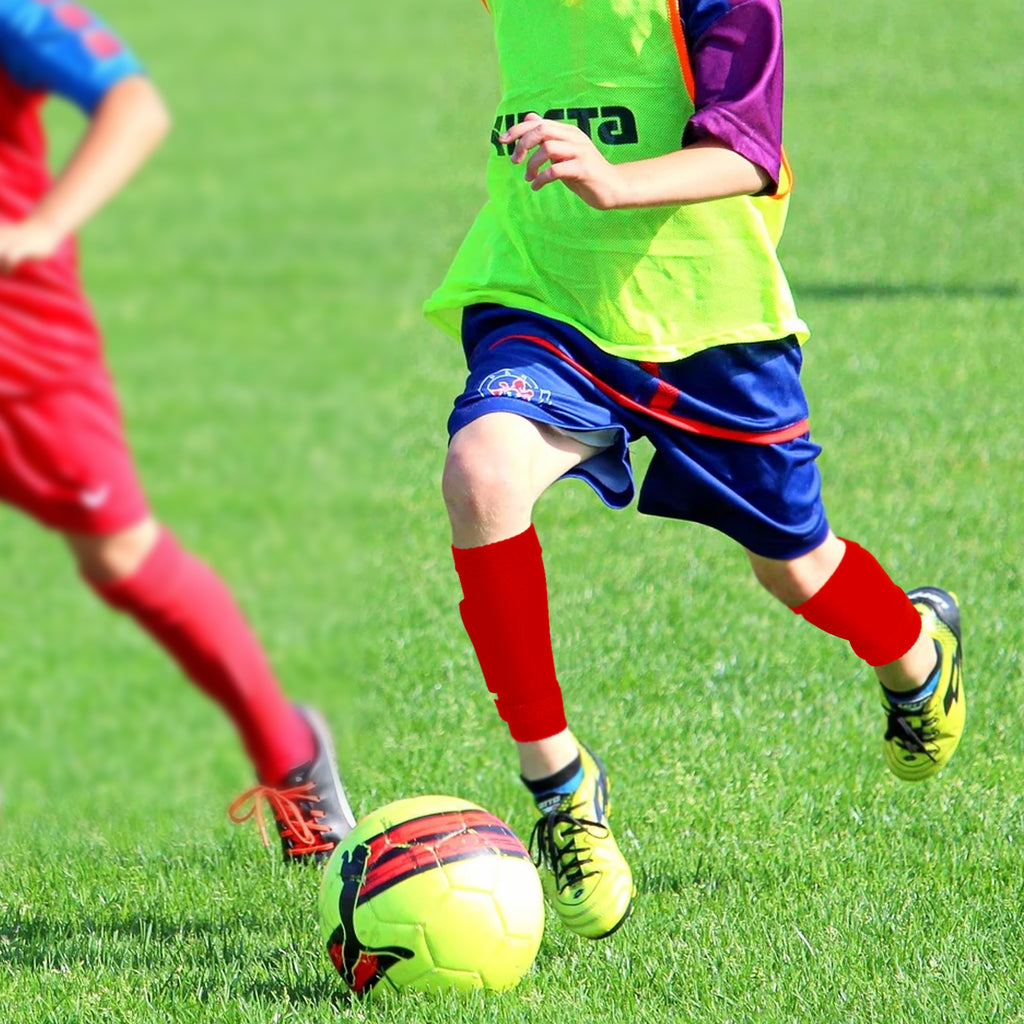 Linkidea Kids Soccer Leg Sleeve with Shin Guard Straps, Elastic Compatible with Grip Socks, Best Alternative to Soccer Athletic Socks for Child 6-8 Years (Red)