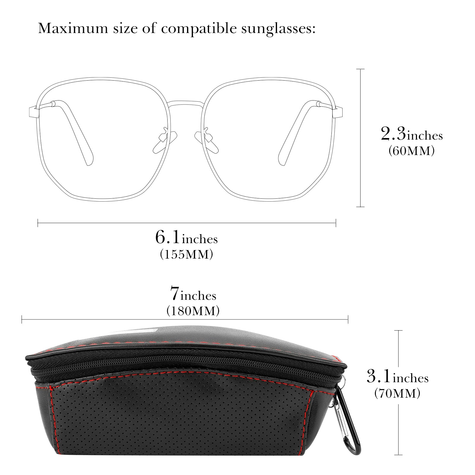 Sunglasses Pouch Bag with Carabiner, Black Vegan Leather Sunwear Storage, Travel Soft Sunglasses Case Holder Compatible with Rayban RB4394M/RB8360M/RB2140/RB2140