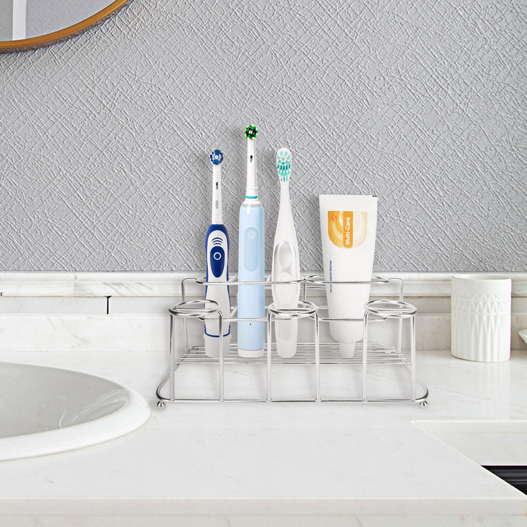 Linkidea Electric Toothbrush Holder, Stainless Steel 4 Slots Vanity/Wallmount Organizer for Powered Toothbrush, Toothpaste, Compatible with Oral-B iO Series, Philips Sonicare, 7AM2M (Silver)