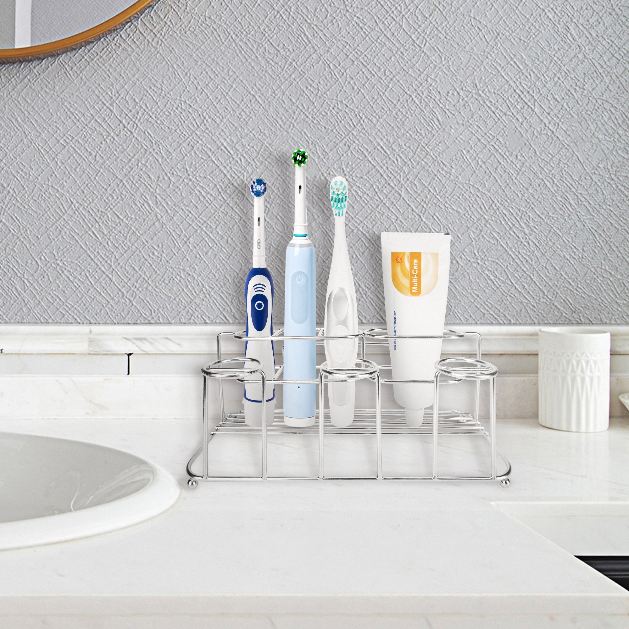 Linkidea Electric Toothbrush Holder, Stainless Steel 4 Slots Vanity/Wallmount Organizer for Powered Toothbrush, Toothpaste, Compatible with Oral-B iO Series, Philips Sonicare, 7AM2M (Silver)