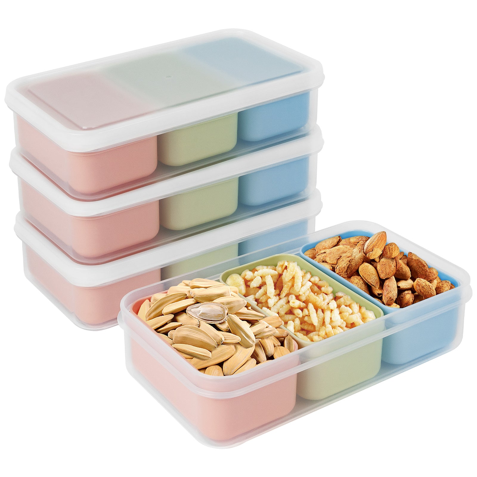 Linkidea 4 Set Snack Containers with 3 Removable Compartments, Reusable Food Prep Storage Box with Lids, Safe in Refrigerators, Microwaves, Dishwashers