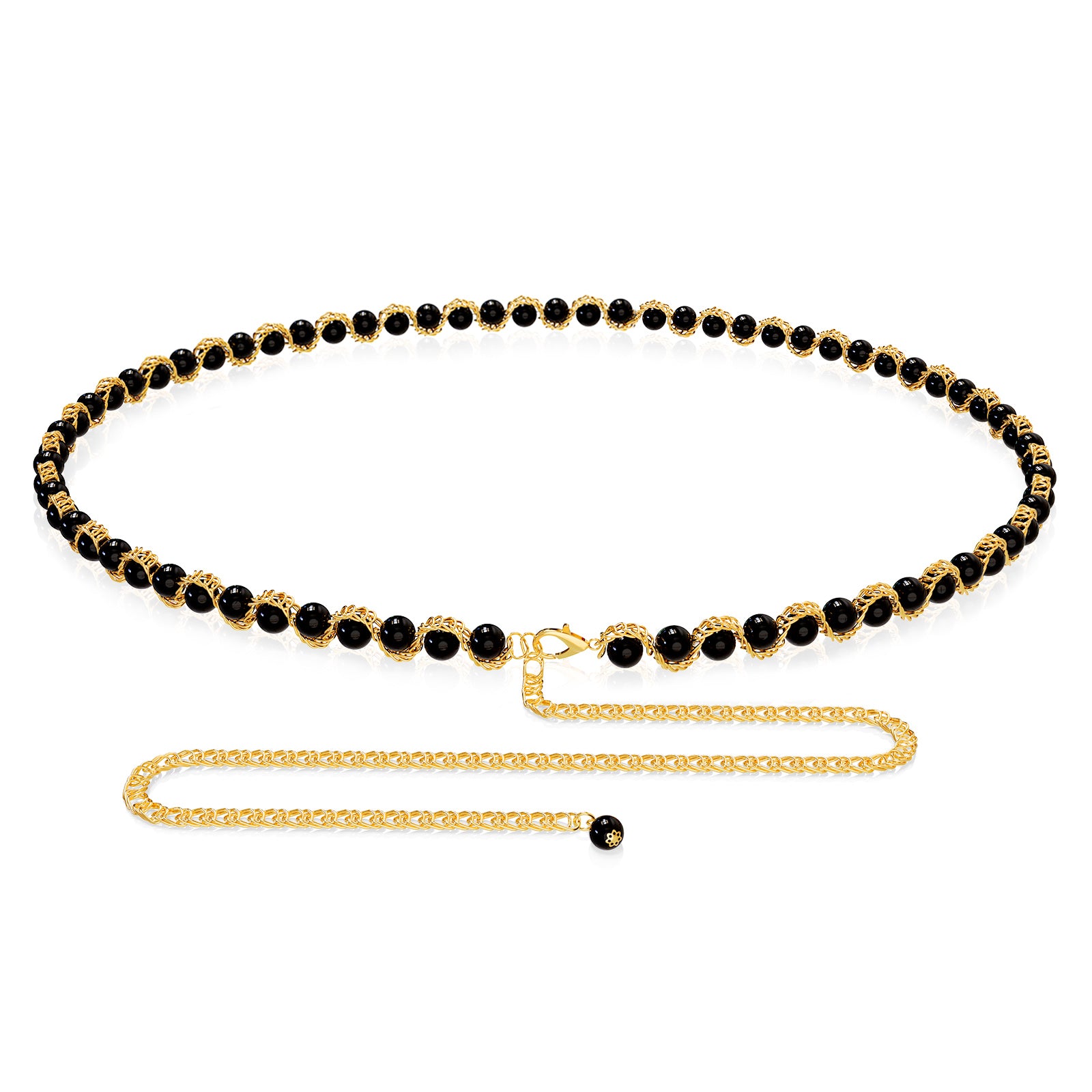 Plus Size Chain Belt for Women, Gold Color and Black Faux Pearl Waist Chains, Extra Long Body Chain, 31-51 Inch Adjustable Chunky Belt Chain