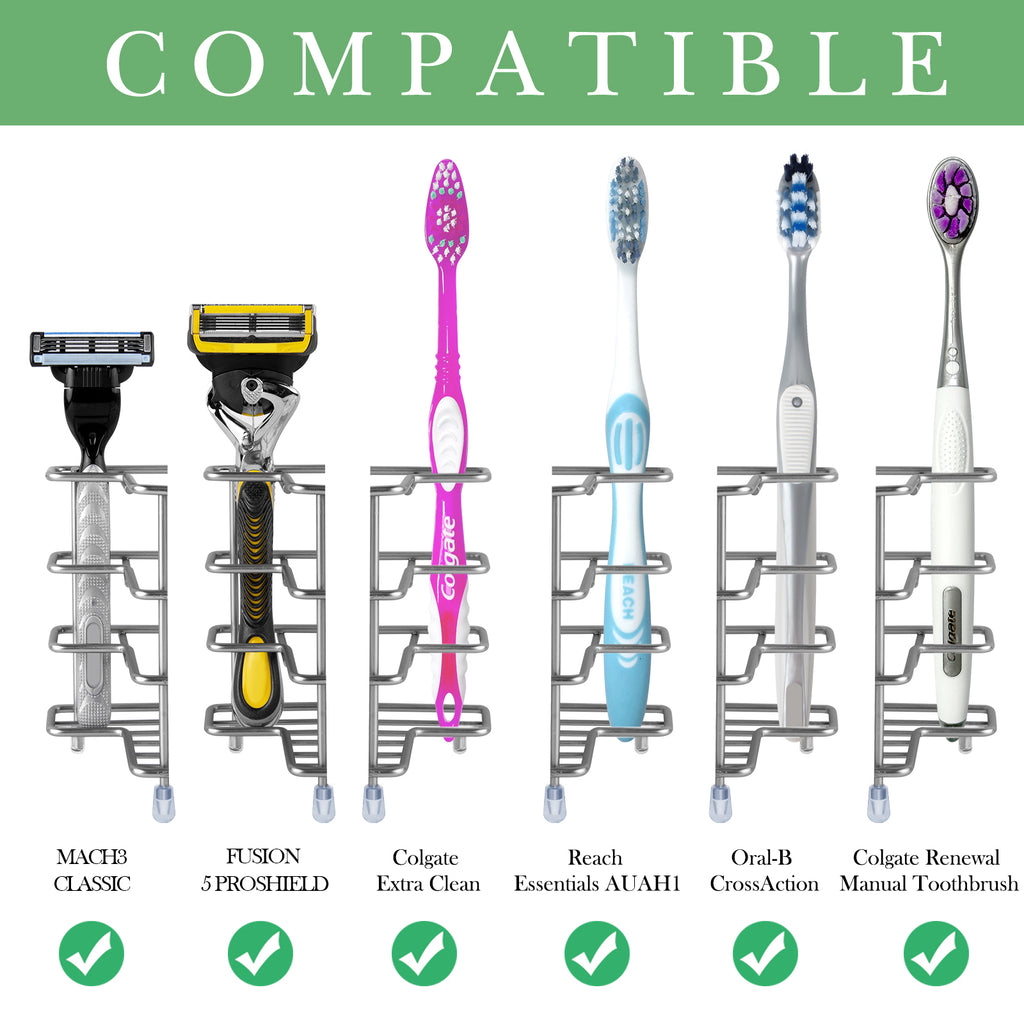 Linkidea 2 Pack Toothbrush Holders Wall Mounted, 3 Slots Bathroom Shower Organizer Stand, Stainless Steel Ventilated Countertop Rack for Toothpaste (Brushed Nickel)