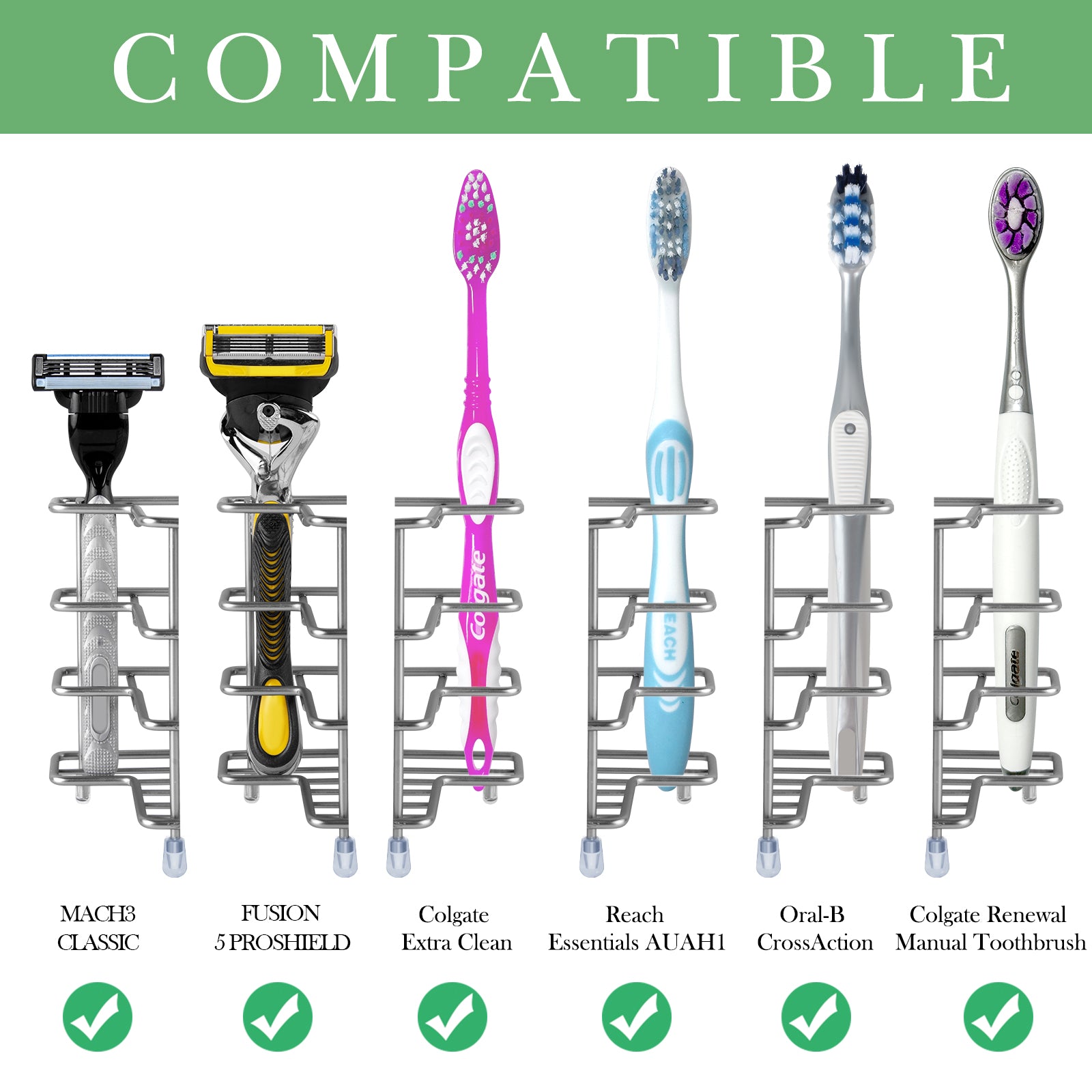 Linkidea 2 Pack Toothbrush Holders Wall Mounted, 3 Slots Bathroom Shower Organizer Stand, Stainless Steel Ventilated Countertop Rack for Toothpaste (Brushed Nickel)