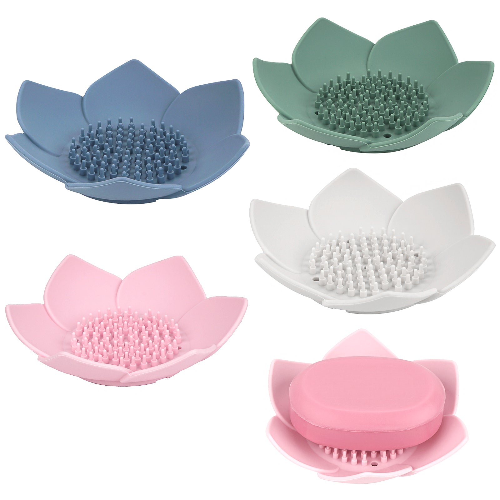 Linkidea 4 Pack Soap Dish with Drain, Silicone Bar Soap Holder for Bathroom, Flower Shape Soap Tray for Kitchen Sink