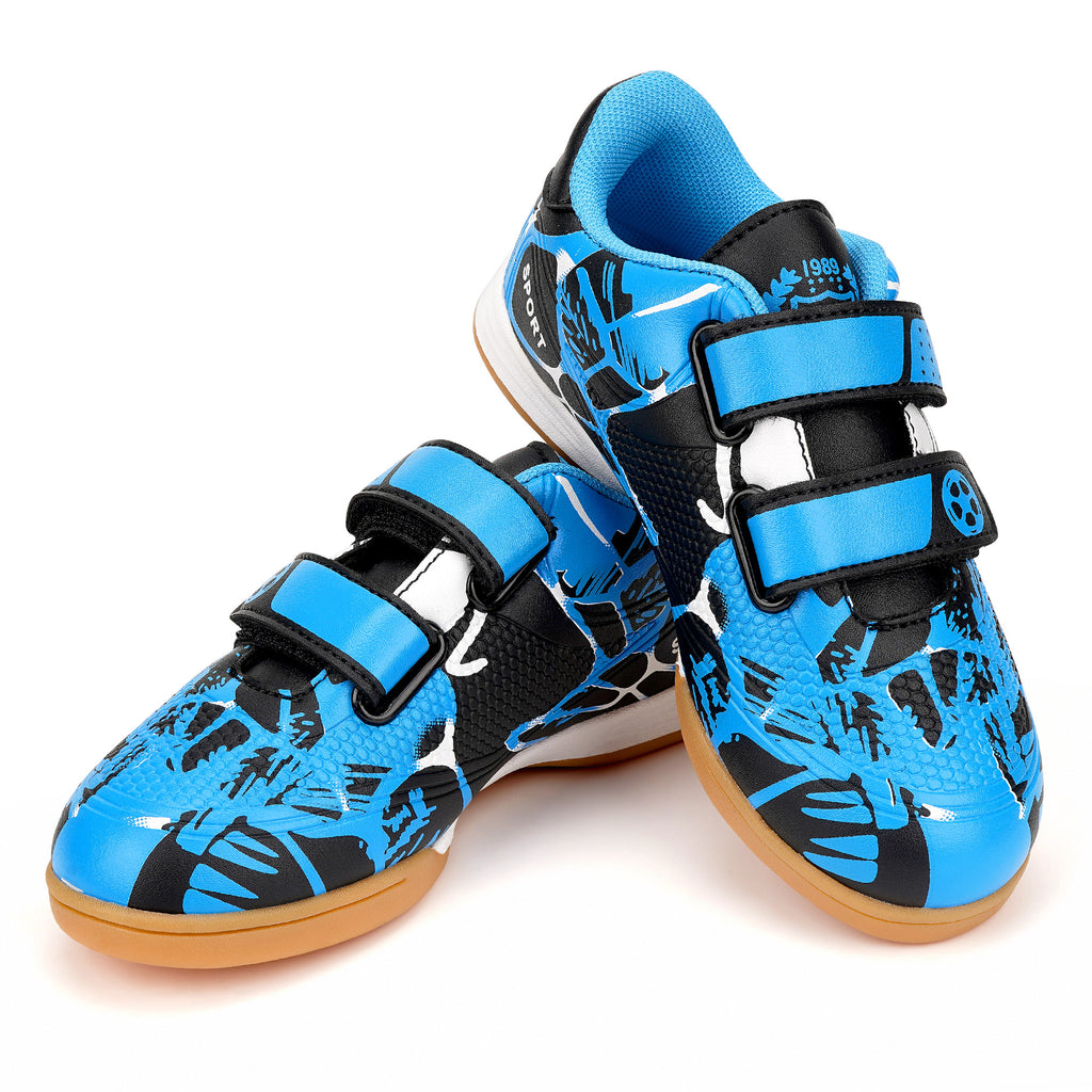 Linkidea Kids Laceless Indoor Soccer Shoes, Rubber Outsole Anti-Slip Sneaker, Futsal Training Cleats for Boys and Girls (Blue)
