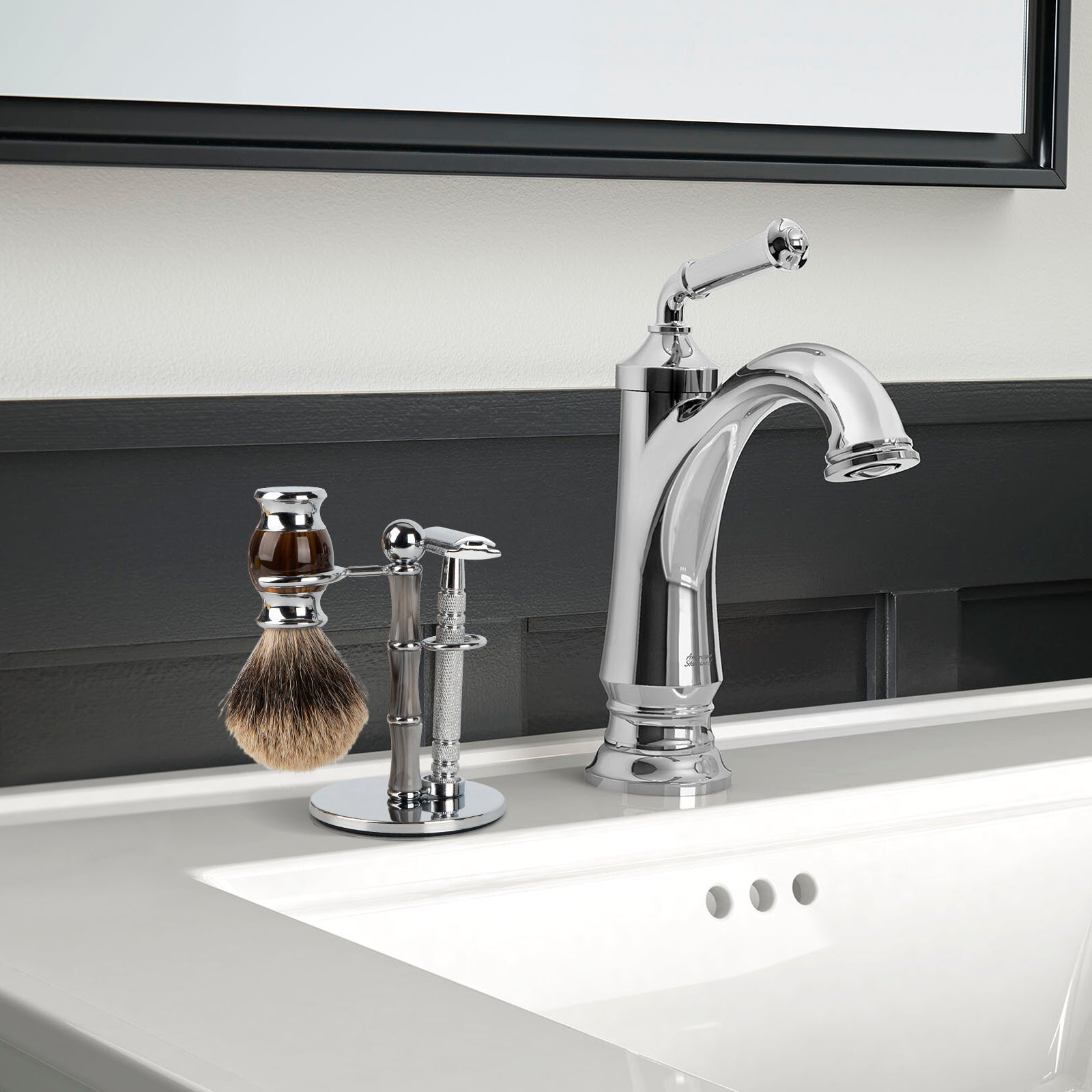 Linkidea Stainless Steel Razor Stand and Brush Holder with Non-Slip Base, Creative Bamboo Style Safety Shaver Organizer Compatible with Vikings Blade Chieftain, Odin (Grey)