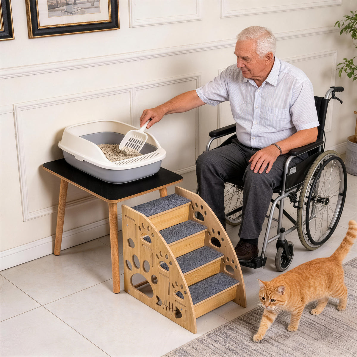Elevated No-Bend Cat Litter Box Stand with Self-Adhesive Pad, Raised Litter Box Stand for Seniors with Back Pain, Arthritis & Limited Mobility, Comfortable Pet Care Station, Easy Reach