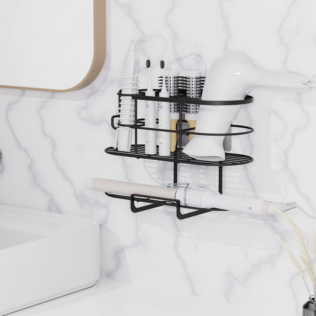 Linkidea Hair Tool Organizer with Hook, Self Adhesive Hair Dryer Holder for Bathroom, Blow Dryer Styling Tool Storage Basket for Bedroom (Black)