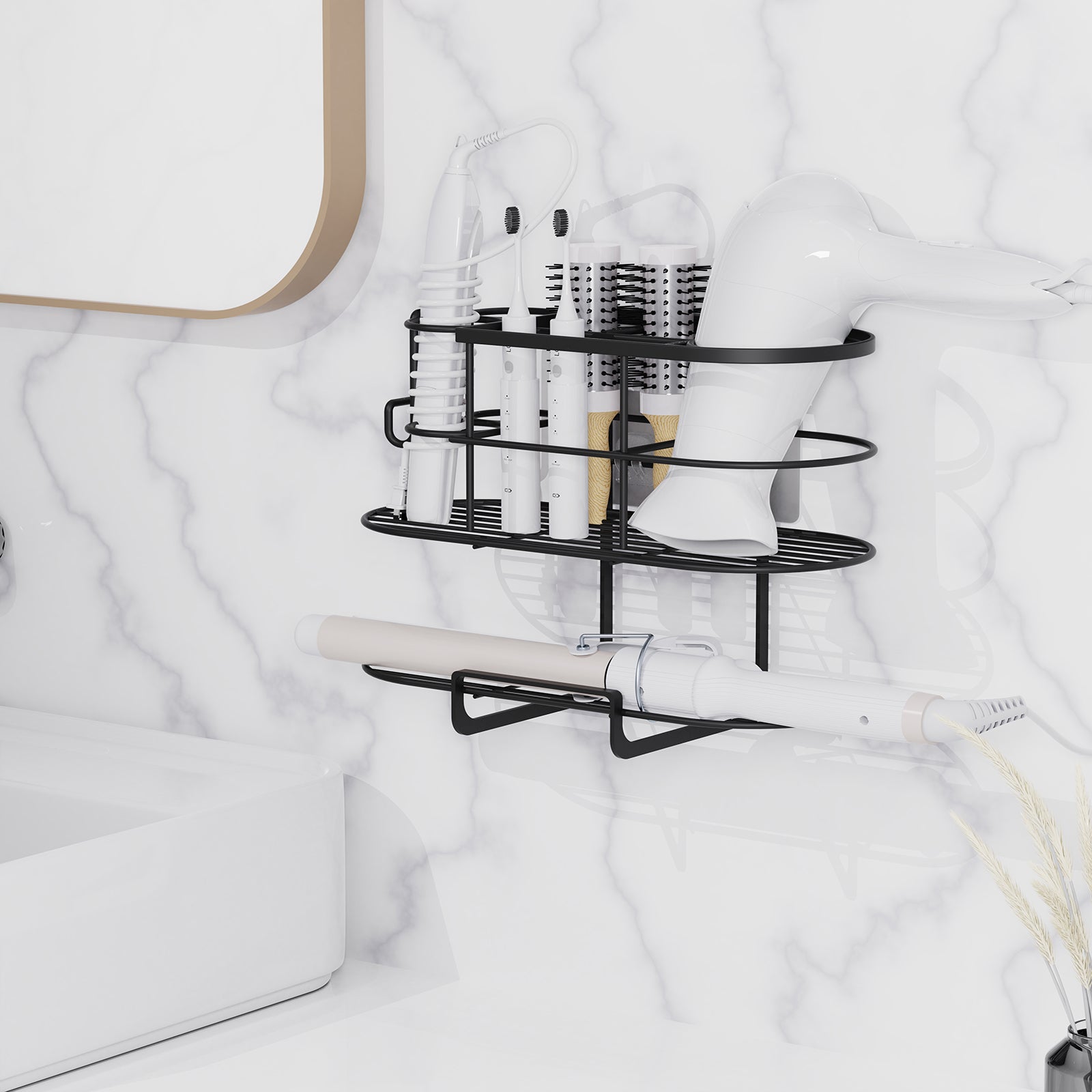 Linkidea Hair Tool Organizer with Hook, Self Adhesive Hair Dryer Holder for Bathroom, Blow Dryer Styling Tool Storage Basket for Bedroom (Black)