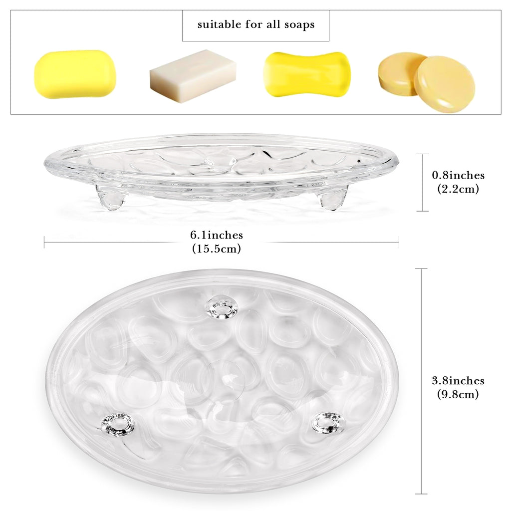 Linkidea Oval Glass Soap Dish with Pebble Design, Countertop Soap Saver for Shower, Bathroom (Clear)