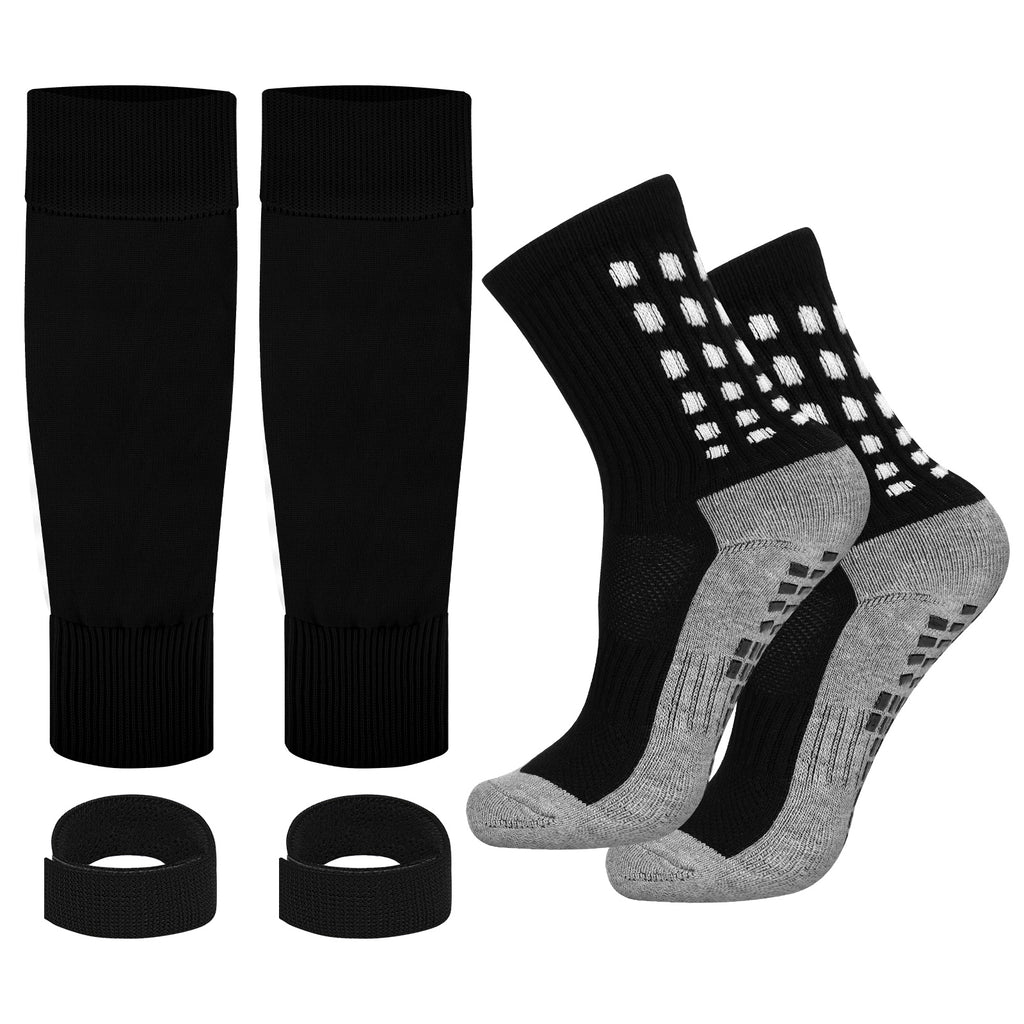 Linkidea Kids Soccer Grip Socks with Shin Guard Sleeve for Age 6 - 9 (Black)