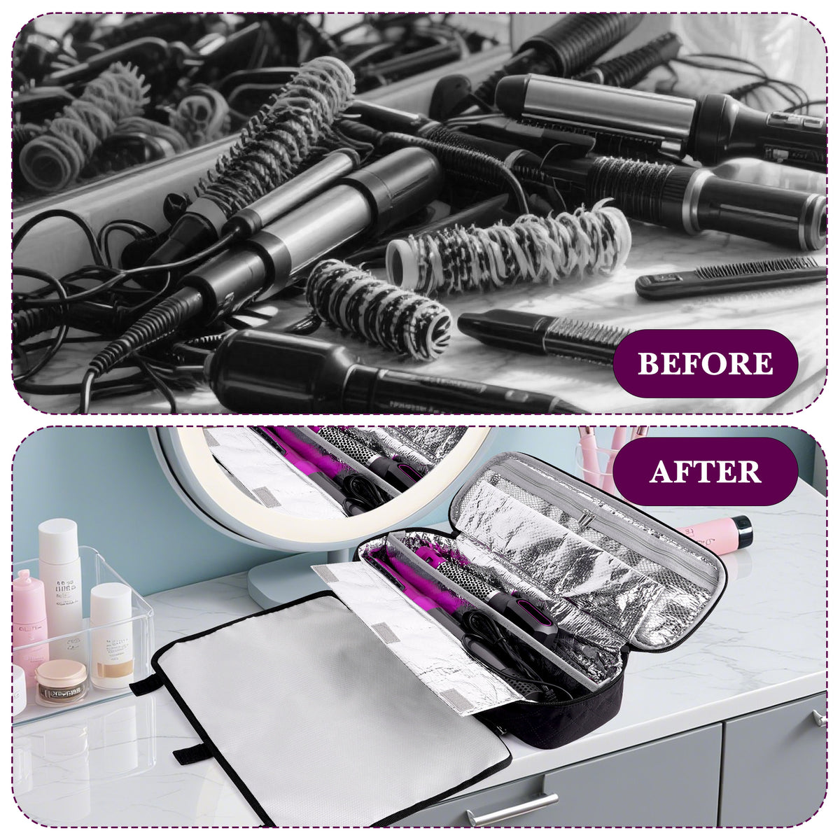 Linkidea Curling Iron Travel Bag, Hair Tools Organizer with 2 Compartments and Removable Pad, Compact Carrying Case for Storage and Travel, Black