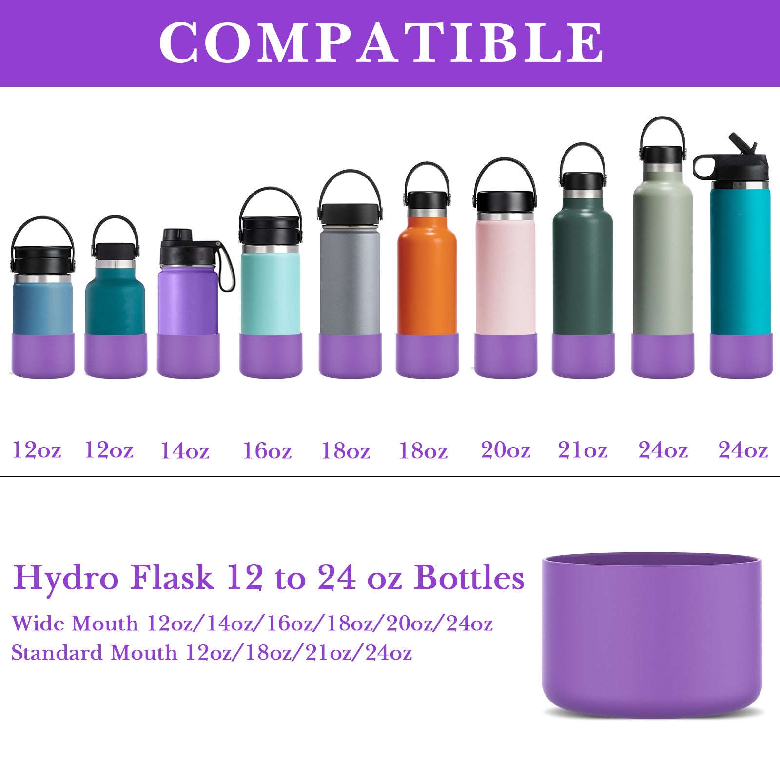 Linkidea 2 Pack Water Bottle Boot Compatible with Hydro Flask Wide Mouth 12oz/14oz/16oz/18oz/20oz, Silicone Bottle Bottom Sleeve Bumper Protector (Purple)
