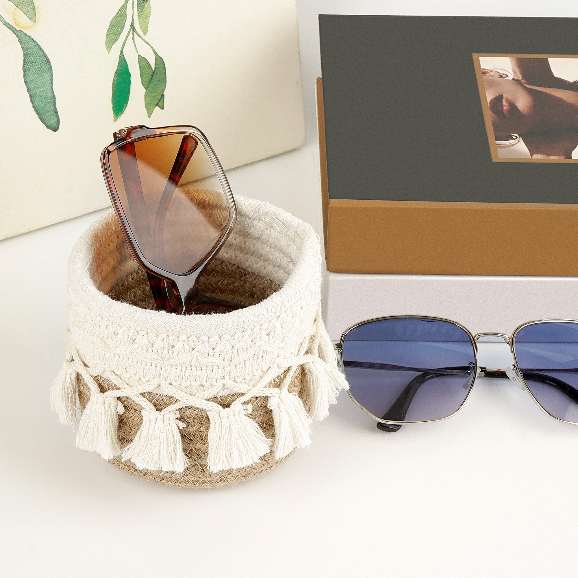Extra Large Sunglasses Desk Holder Stand, Brown Cotton Rope Eyewear Storage Desk Display Basket Compatible with RayBan RB8089/RB4098/RB3825/RB4376 Gucci GG0713S/GG1556S