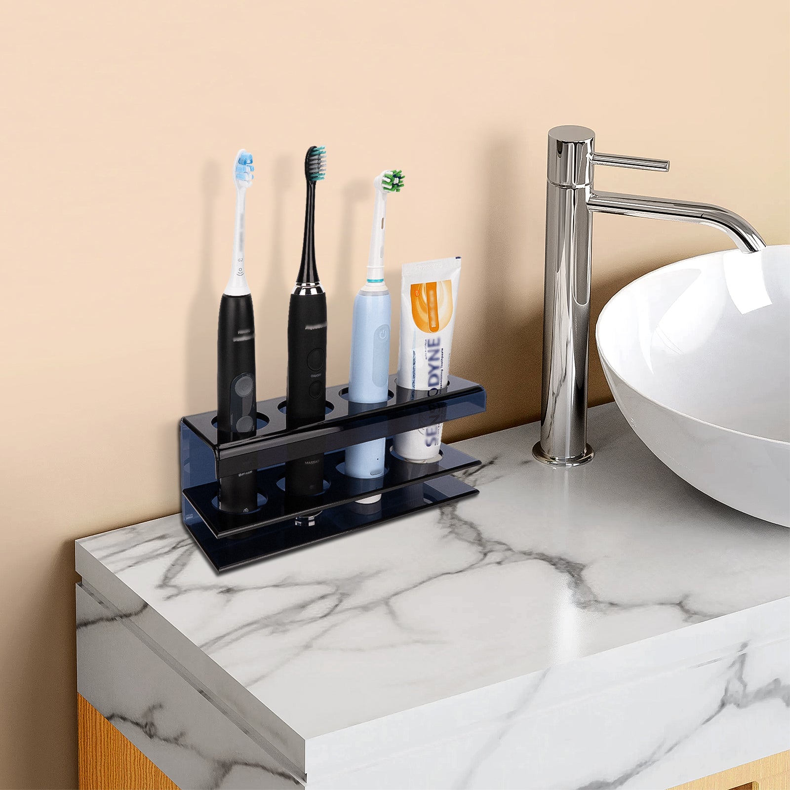 Linkidea Electric Tooth Brush Holder for Shower, Acrylic 4 Slots Countertop Organizer for Powered Toothbrush, Toothpaste, Compatible with Oral-B iO Series, Philips Sonicare, 7AM2M (Black)