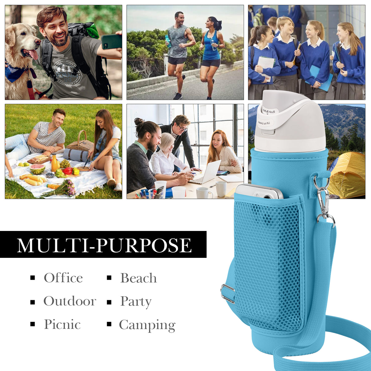 Linkidea Water Bottle Carrier with Shoulder Strap Compatible with Owala FreeSip Bottle 24oz, Waterbottle Sling Bag Holder with Mesh Phone Pocket, Blue
