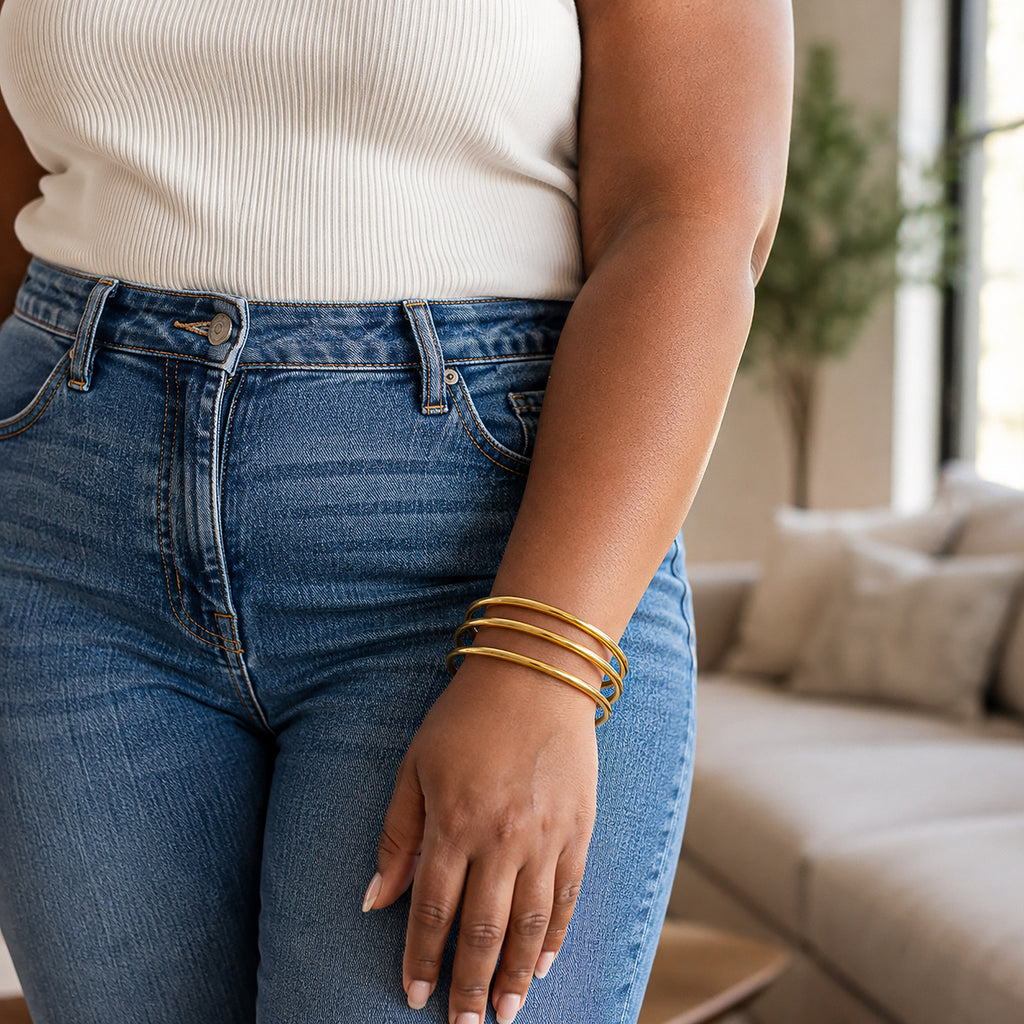 Plus Size Bangle Bracelets Set for Women, Set of 6 Stainless Steel Extra Large Round Gold & Silver Bangles Fashion Accessories, 8.6 Inches (L)