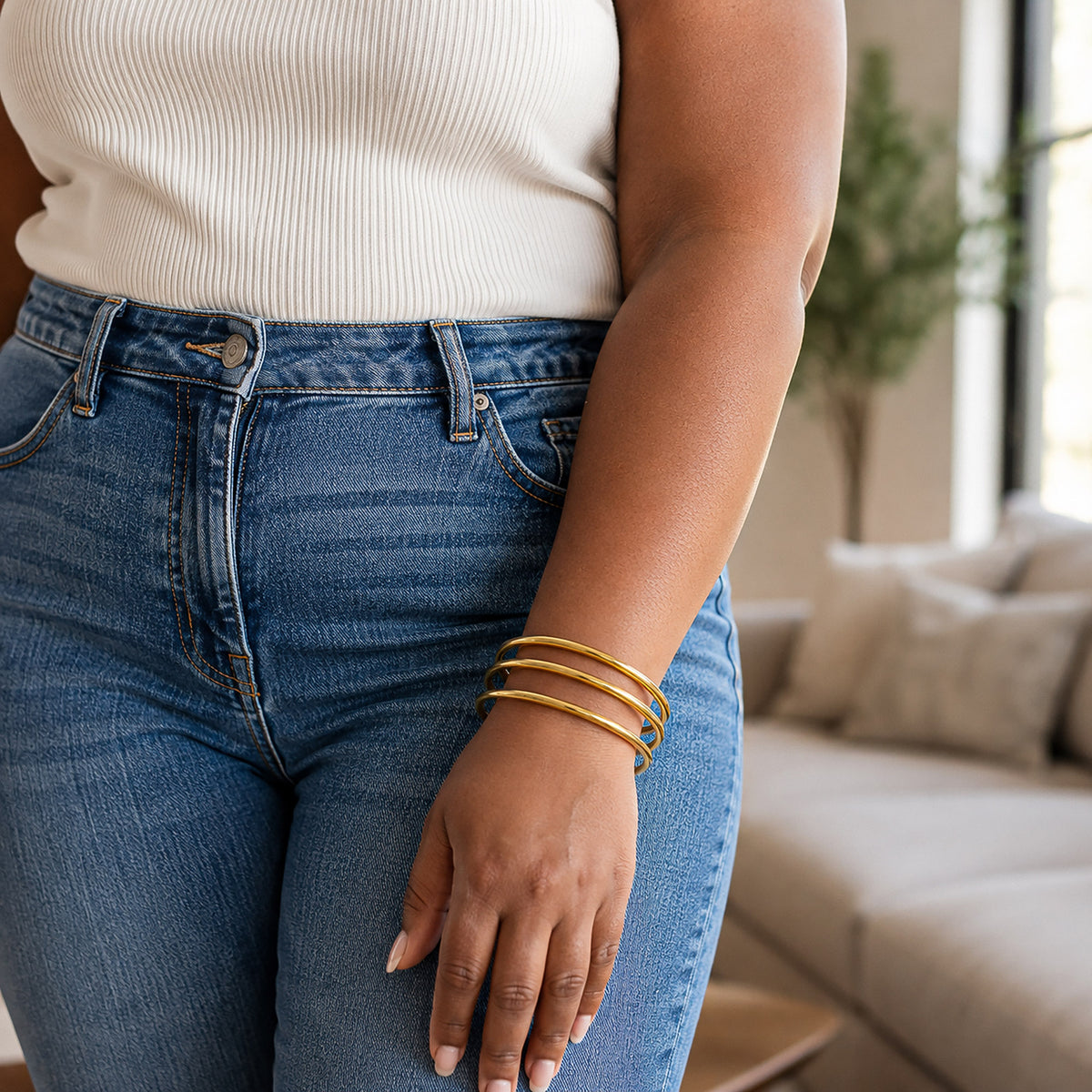 Plus Size Bangle Bracelets Set for Women, Set of 6 Stainless Steel Extra Large Round Gold & Silver Bangles Fashion Accessories, 8.6 Inches (L)