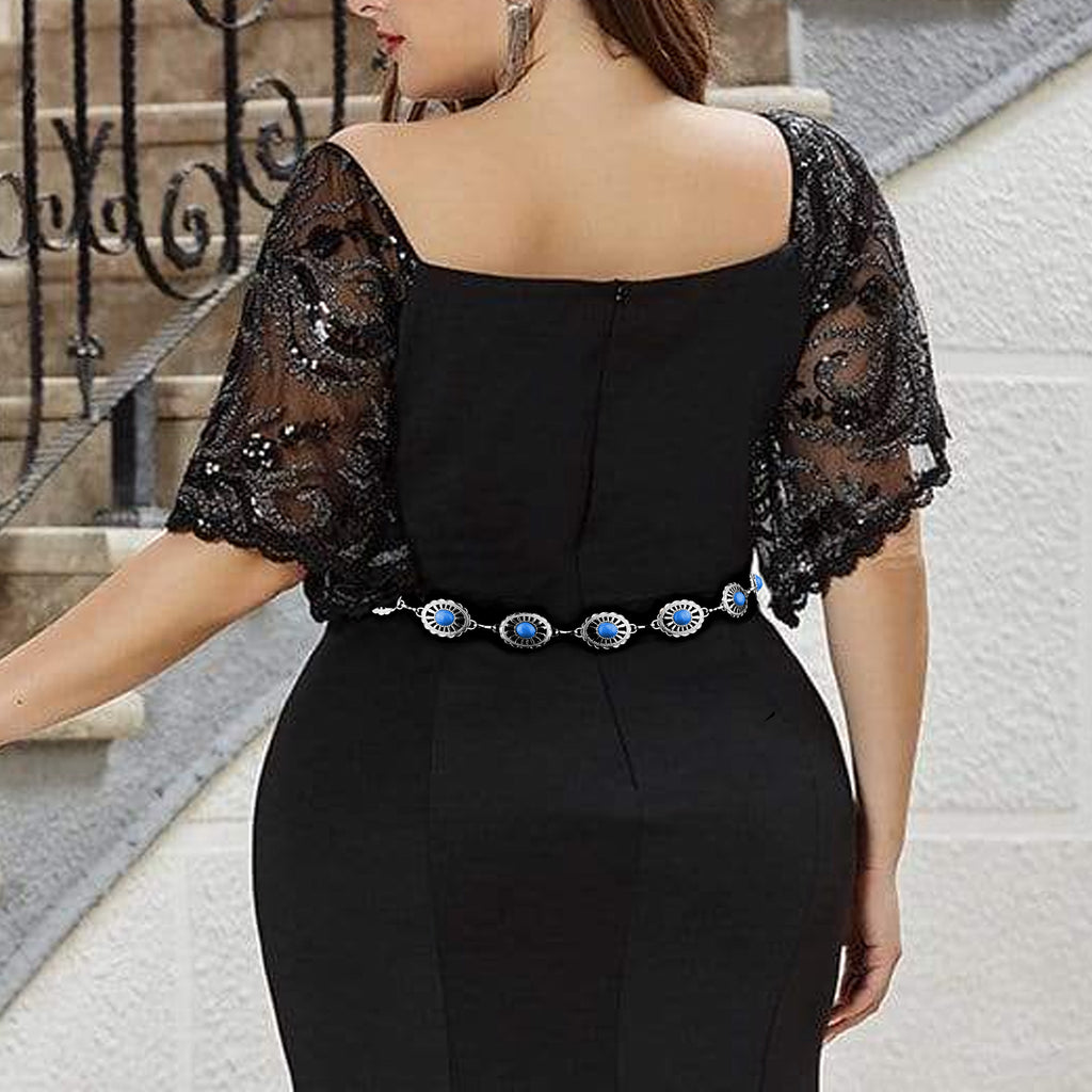 Plus Size Chain Belt for Women, Turquoise Stone Silver Metal Chain Belt Women Belly Waist Chains, Extra Long Body Chain, 59 Inch Adjustable Chunky Belt Chain