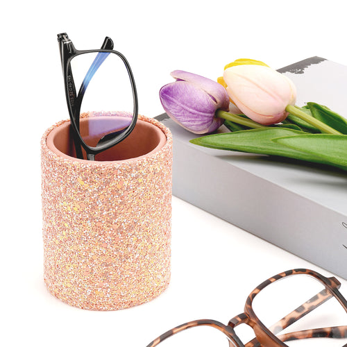 Eyeglasses Desk Holder Stand, Vegan Leather Lined Reading Glasses Holder for Nightstand Office Desk Organizer (Pink)