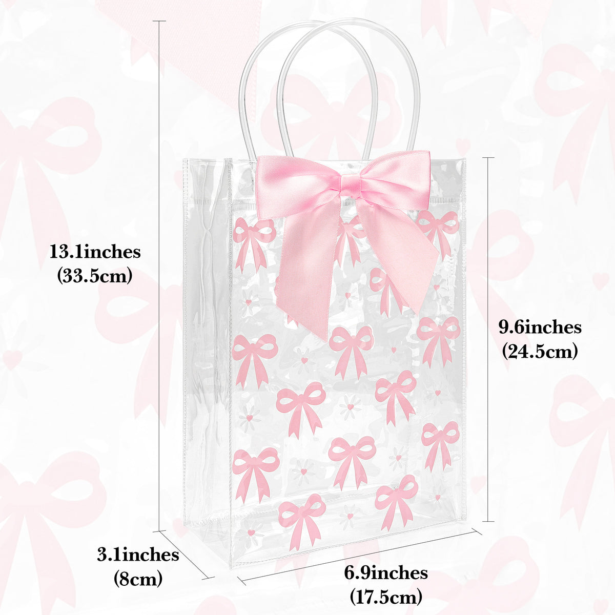 Linkidea 12 Pack Clear Gift Bags with Handles, Pink Ribbon Bows and Adhesive Dots, Gift Wrapping Bags for Party Favors, Weddings, Birthdays, Baby Showers and Celebrations
