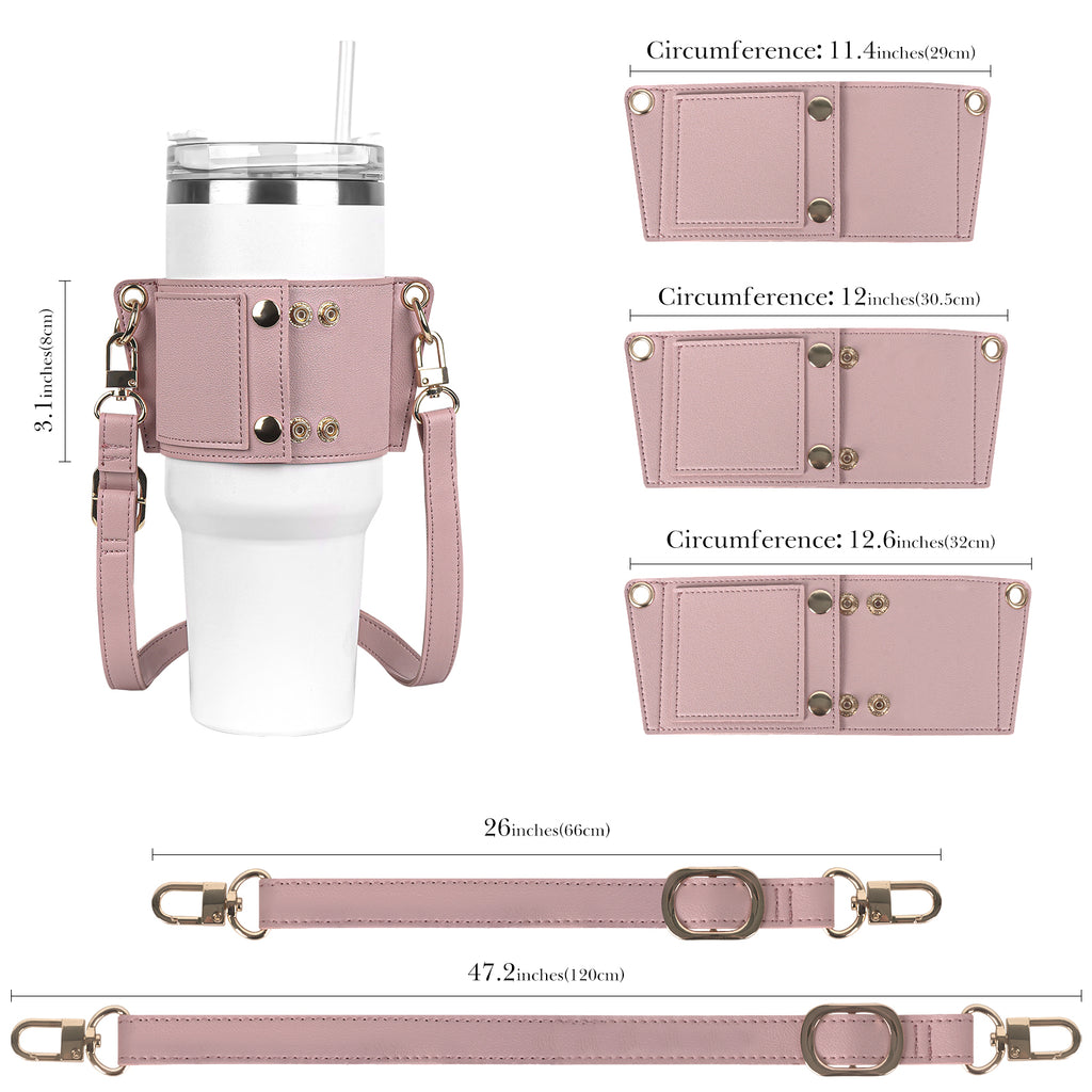 Linkidea Water Bottle Holder with Strap Compatible with Stanley Quencher H2.0 30oz/40oz, Simple Modern 40oz Tumbler, Vegan Leather Waterbottle Bag Holder, Shoulder Strap with Keyring, Pink