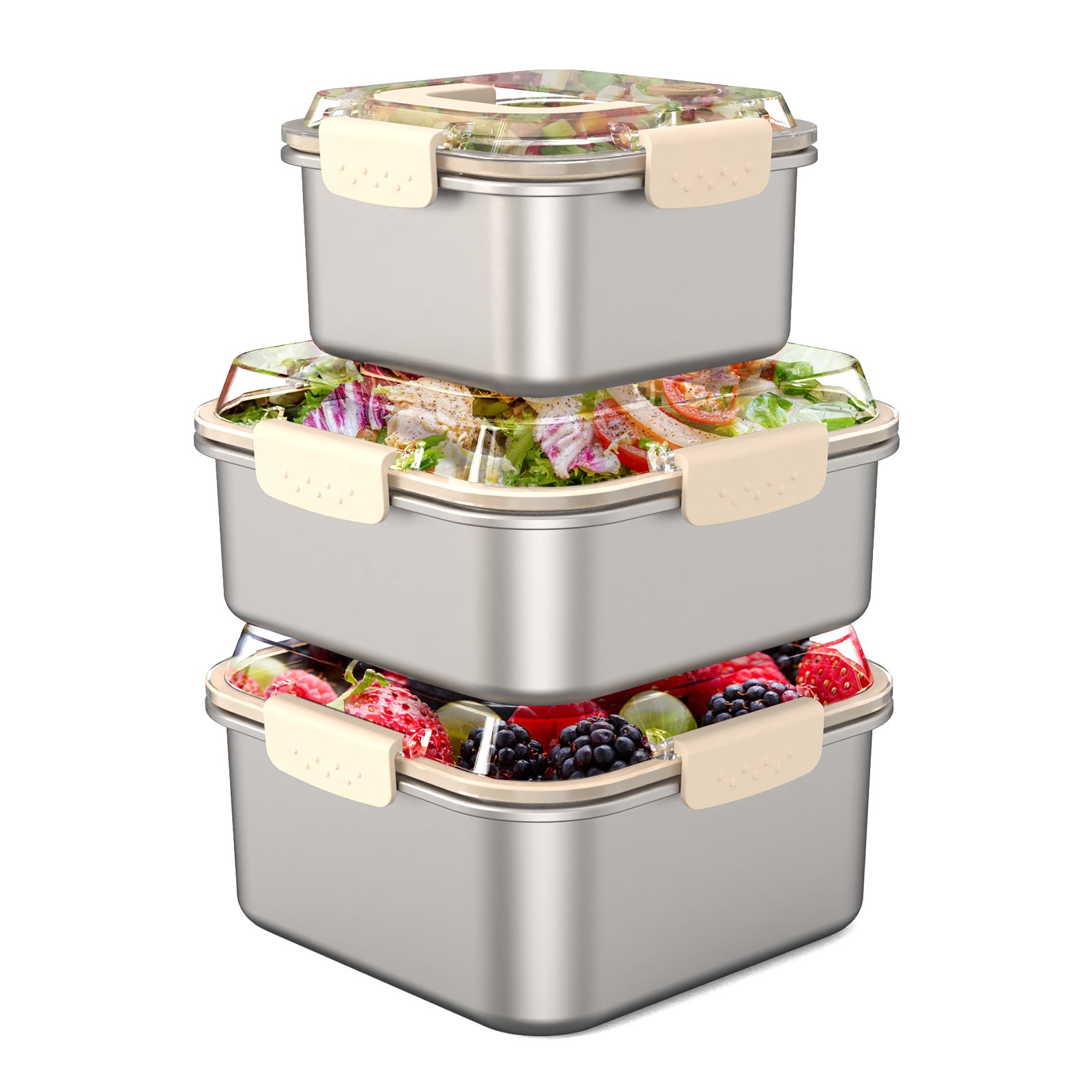 Linkidea 3 Pack Square 304 Stainless Steel Fruit and Food Containers with Lid, Preservation Box Container Fridge Fresh-Keeping, Fruit Storage Container with Handle Oven/Dishwasher Safe (Silver)