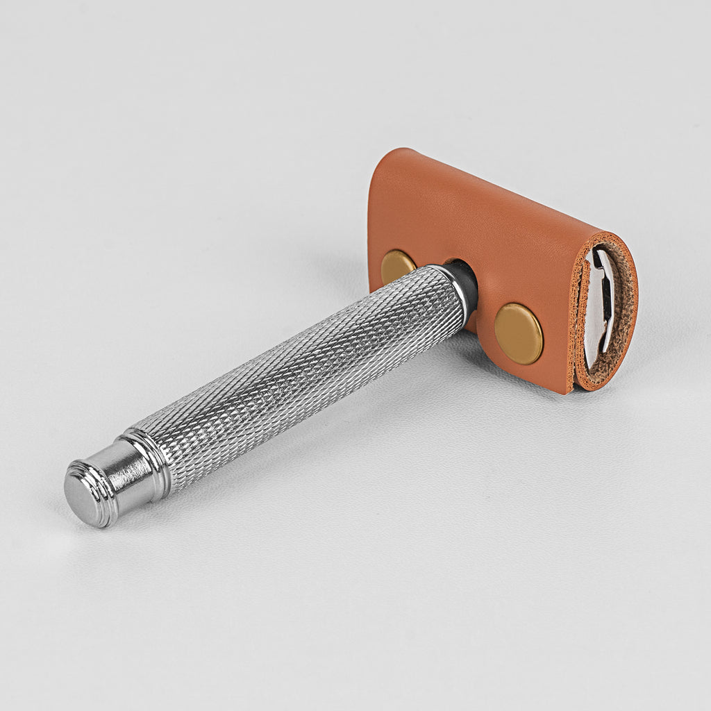 Linkidea Safety Razor Head Vegan Leather Cover, Double Edge Safety Razor Cover for Travel, Butterfly Razor Shaving Accessories Compatible with Merkur 38C, 34C, 23C, Henson AL13 (Brown)