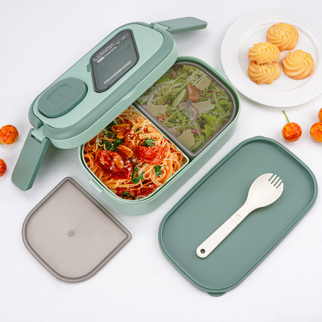Linkidea 2 Pack Salad Container for Lunch, Reusable Food Container with 2 Layers 3 Compartments and Flatware, Food Box with Leak-Proof Cover Fits to Microwave/Dishwasher/Freezer Safe (Green)