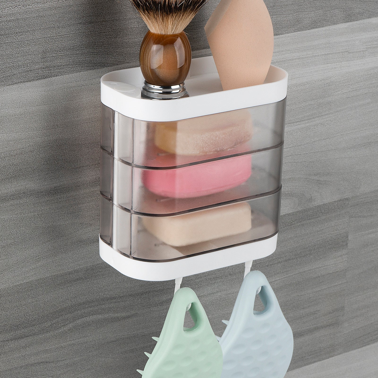 Linkidea Wall Mounted 3 Layers Soap Dish with 2 Hooks,180 Degree Rotating Soap Holder, Waterproof Dustproof Storage Organizer Rack for Bathroom Shower Room Kitchen (Clear)