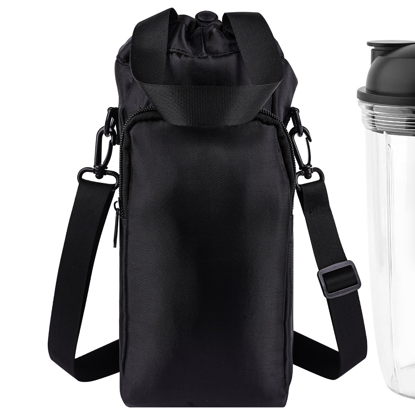 Linkidea Blender Storage Bag, Portable Drawstring Bottle Holder with Shoulder & Hand Strap, Travel Shaker Container Pouch Compatible with 24-32 oz Bottles (Black)