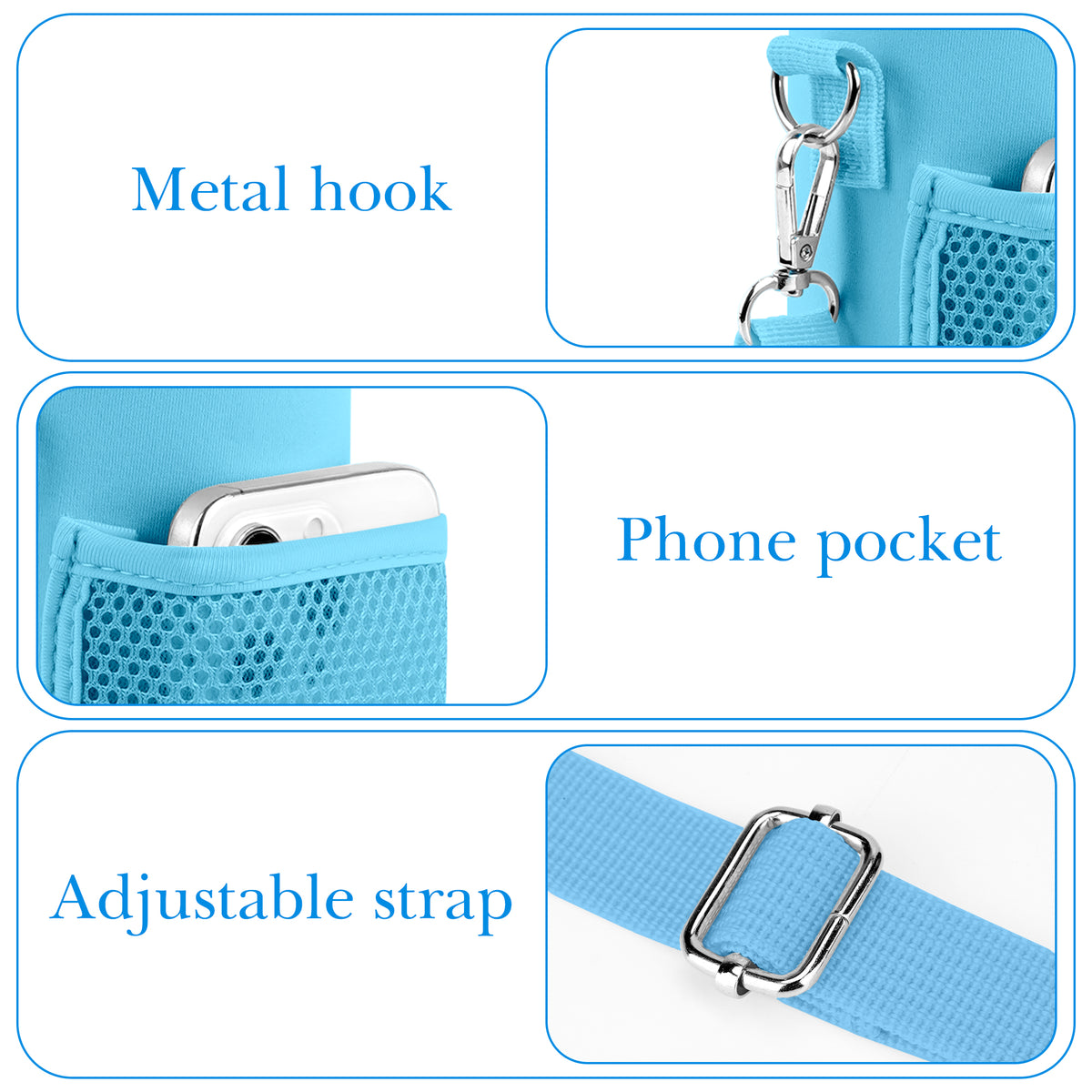 Linkidea Water Bottle Carrier with Strap Compatible with Stanley Quick Flip GO 24/36oz, IceFlow Fast Flow 24/36oz, Waterbottle Sling Bag Holder, Shoulder Strap with Phone Mesh Pocket, Blue