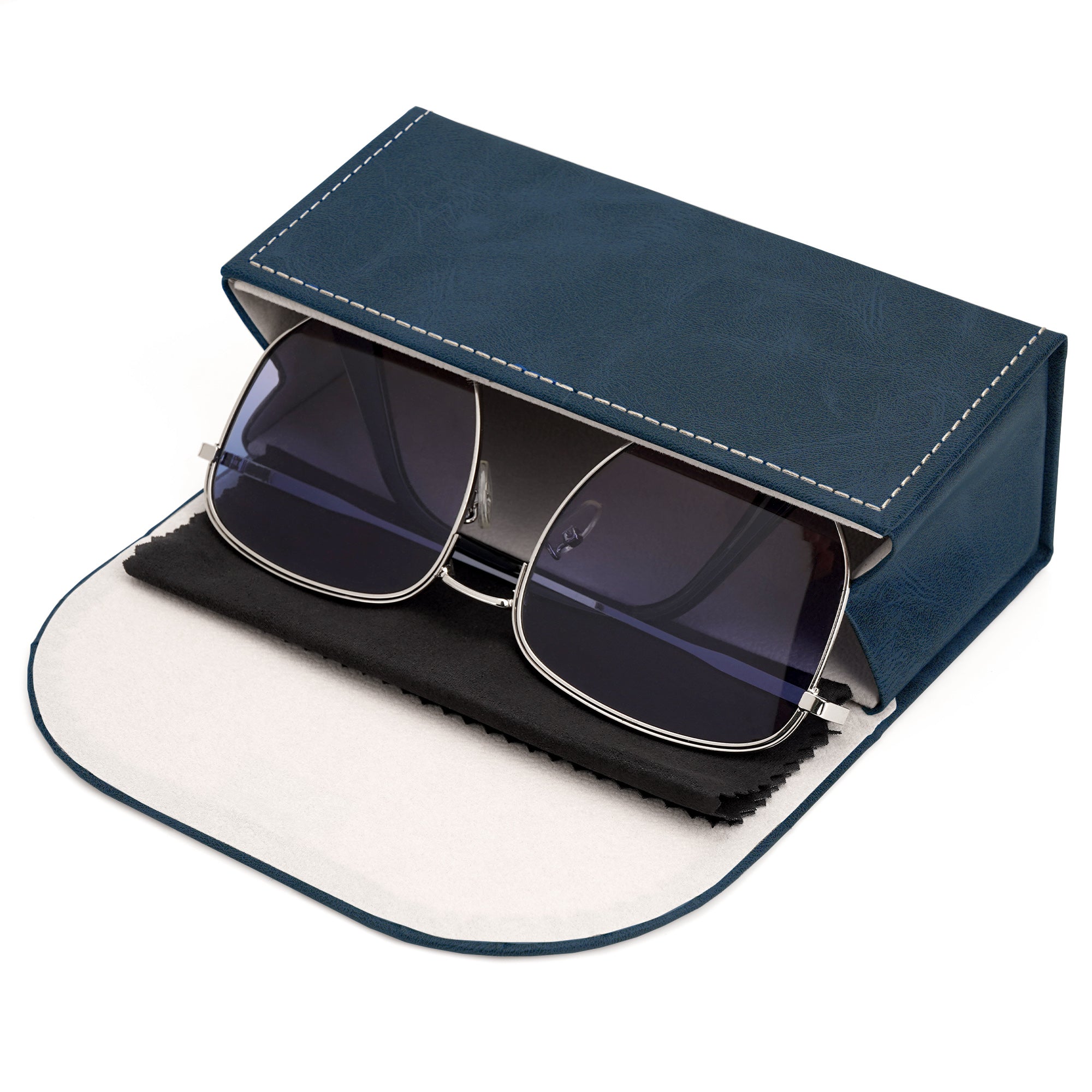 Extra Large Sunglasses Pouch Case, Blue Vegan Leather Eyewear Organizer Soft Bag Compatible with Rayban RB4401D/RBS0101S/RB8097/RB8089/RB4098