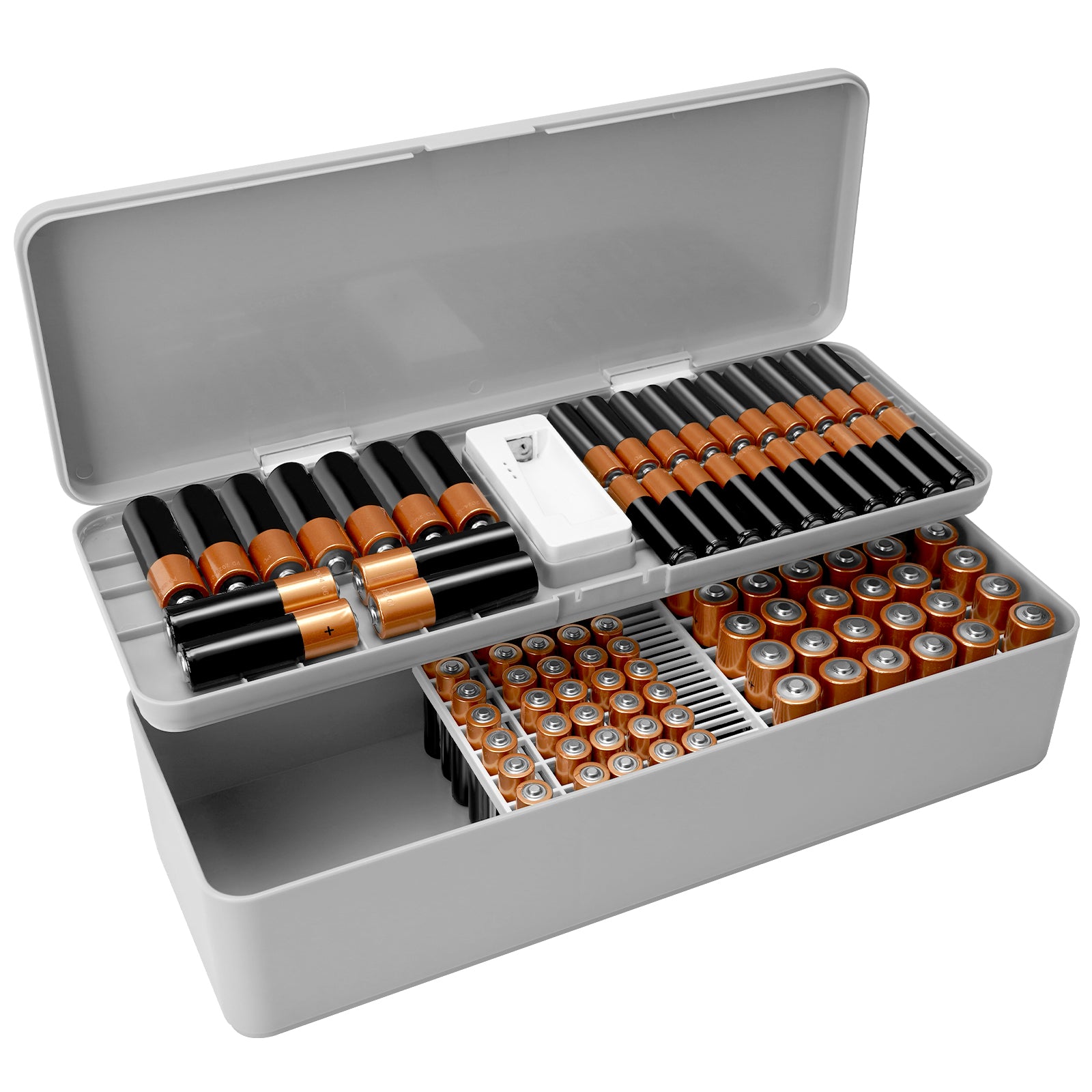 Linkidea Double Layer Battery Organizer Storage Case with Tester, Holds 41 AA, 55 AAA, 19 Button Cells, Large Capacity Portable Battery Caddy (Grey)
